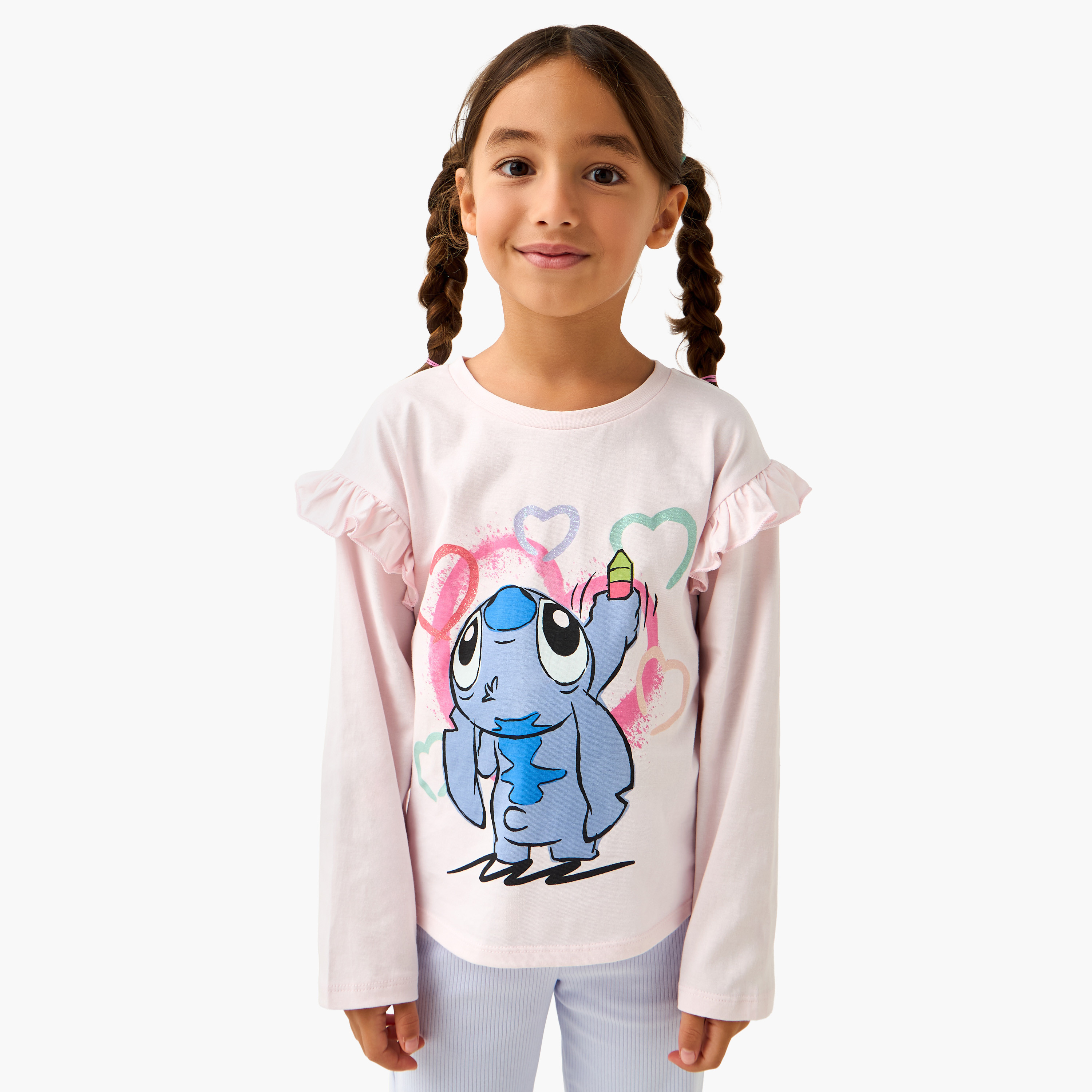Disney Crew Neck Long Sleeve T-shirt with Stitch Print and Ruffle Detail-girls-clothing-tshirts-image-1