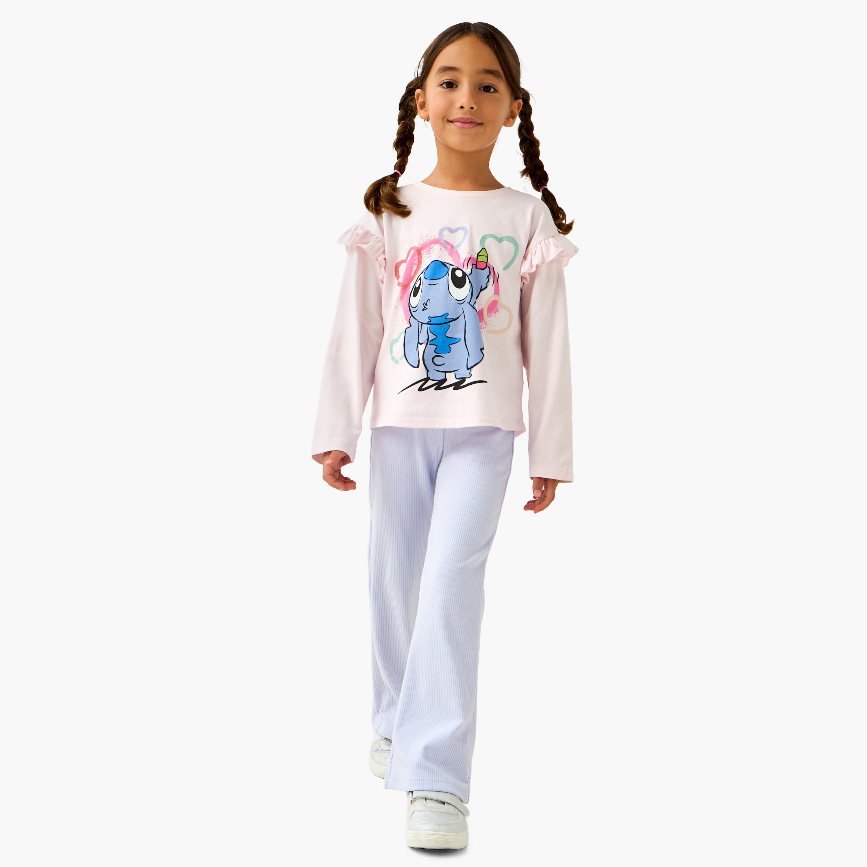 Disney Crew Neck Long Sleeve T-shirt with Stitch Print and Ruffle Detail-girls-clothing-tshirts-image-2
