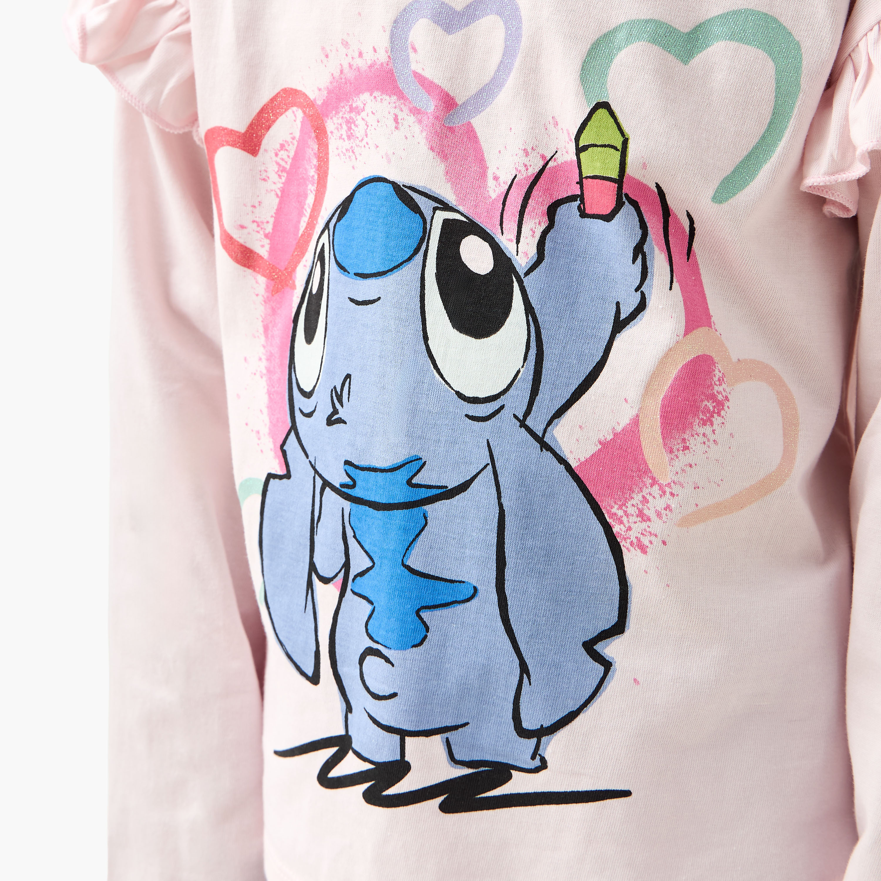 Disney Crew Neck Long Sleeve T-shirt with Stitch Print and Ruffle Detail-girls-clothing-tshirts-image-4