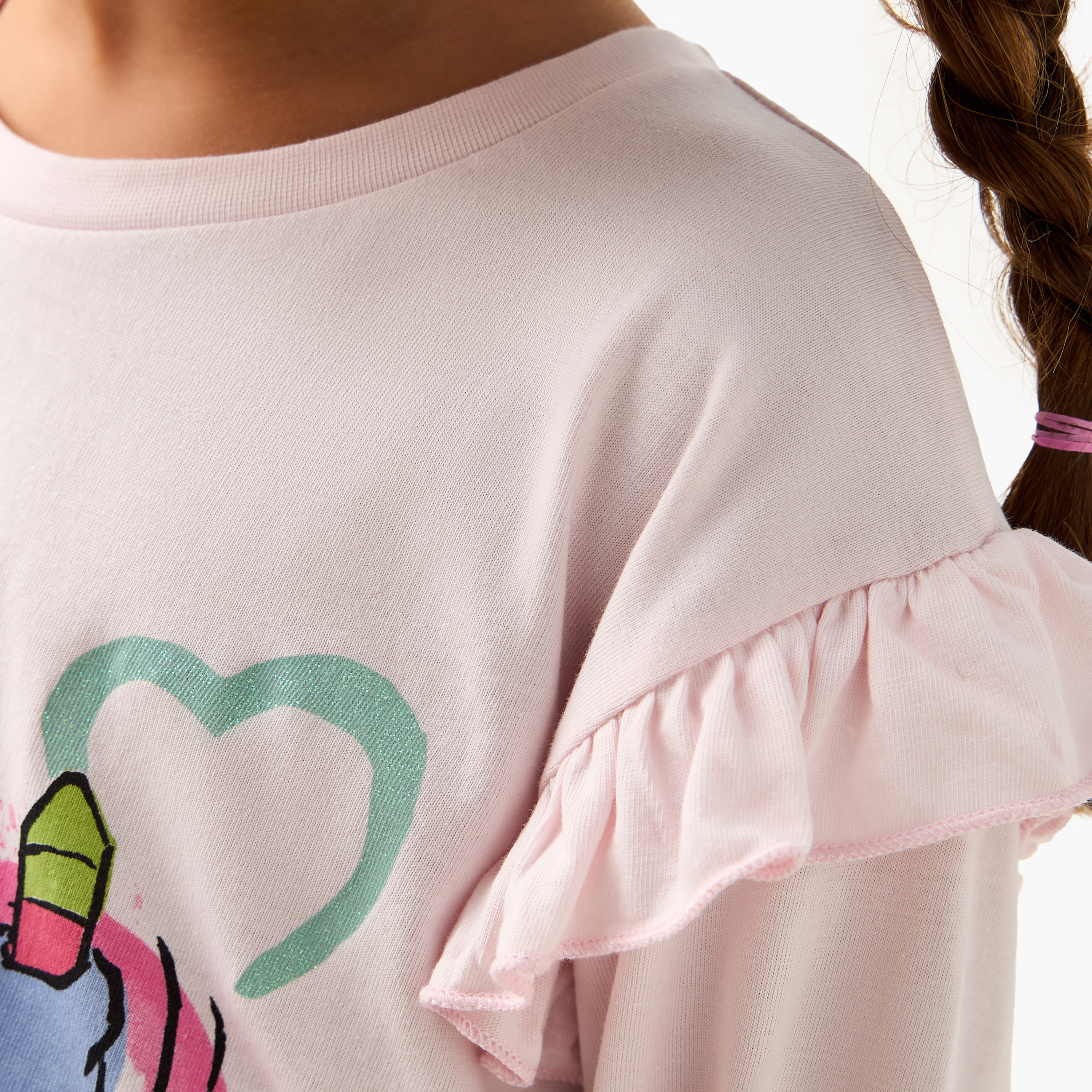 Disney Crew Neck Long Sleeve T-shirt with Stitch Print and Ruffle Detail-girls-clothing-tshirts-image-5