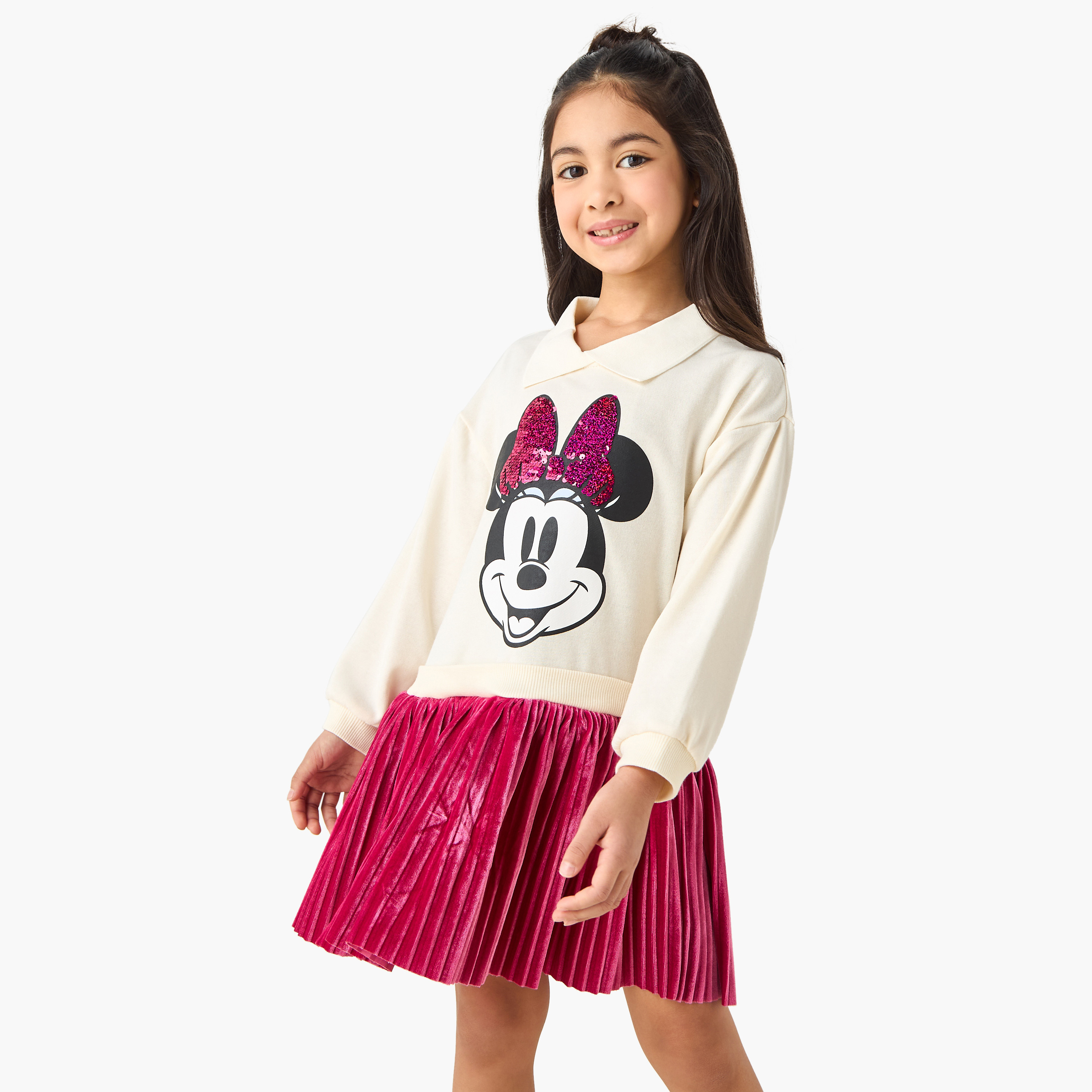 Disney Collared Long Sleeves Knee Length Dress with Minnie Mouse Print-girls-clothing-dressesandjumpsuits-image-1