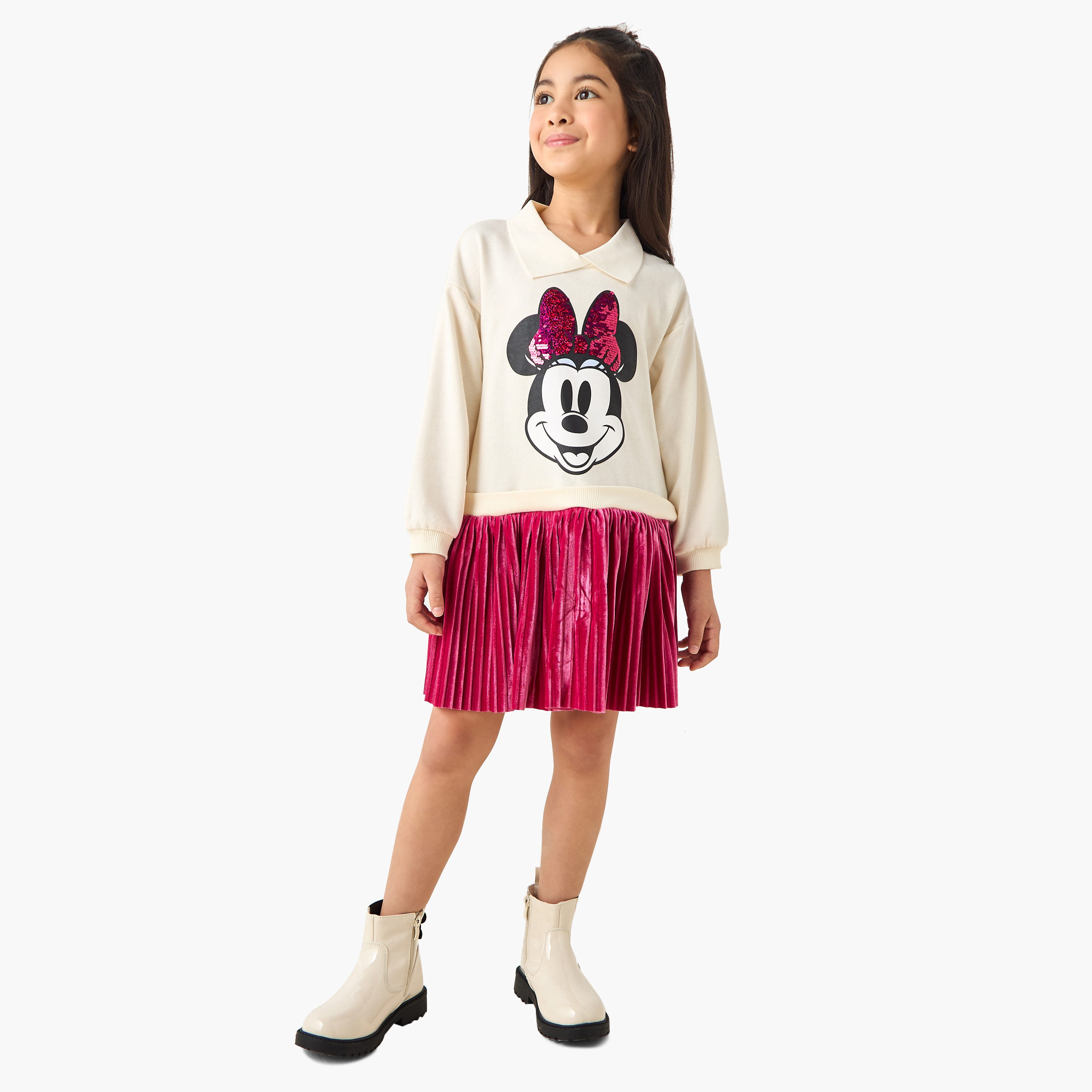 Disney Collared Long Sleeves Knee Length Dress with Minnie Mouse Print-girls-clothing-dressesandjumpsuits-image-2