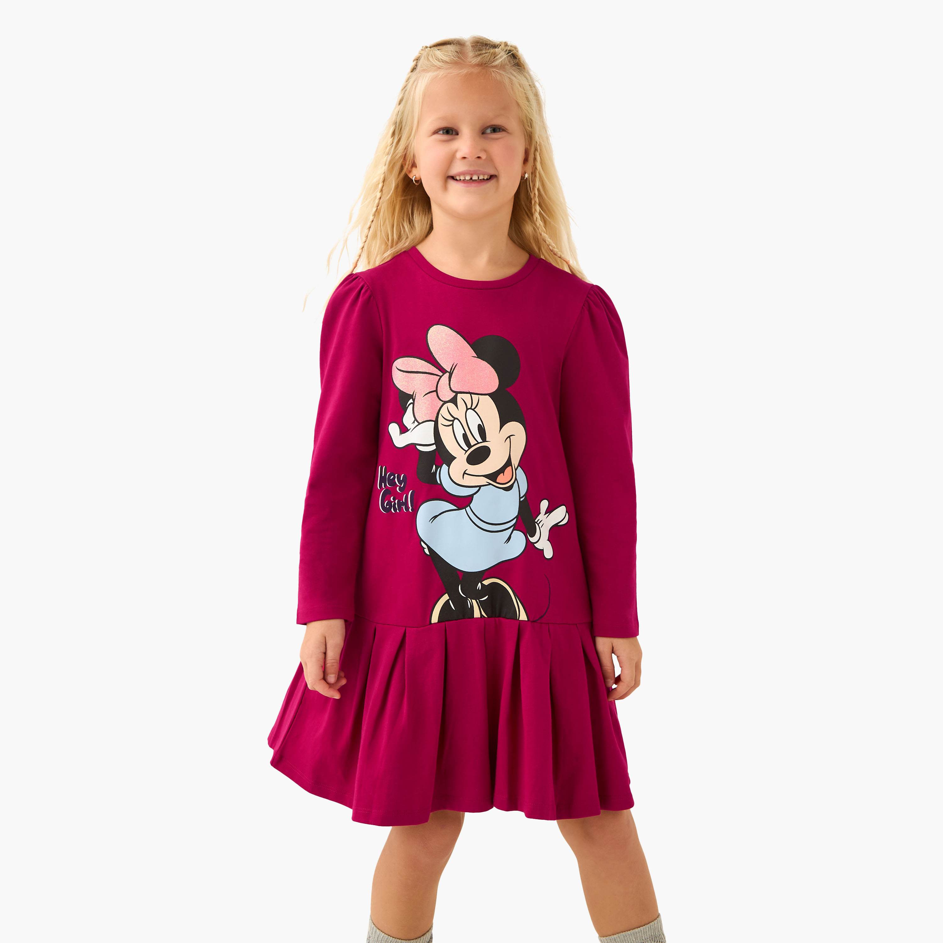 Disney Round Neck Long Sleeves Knee Length Dress with Minnie Mouse Print-girls-clothing-dressesandjumpsuits-image-1