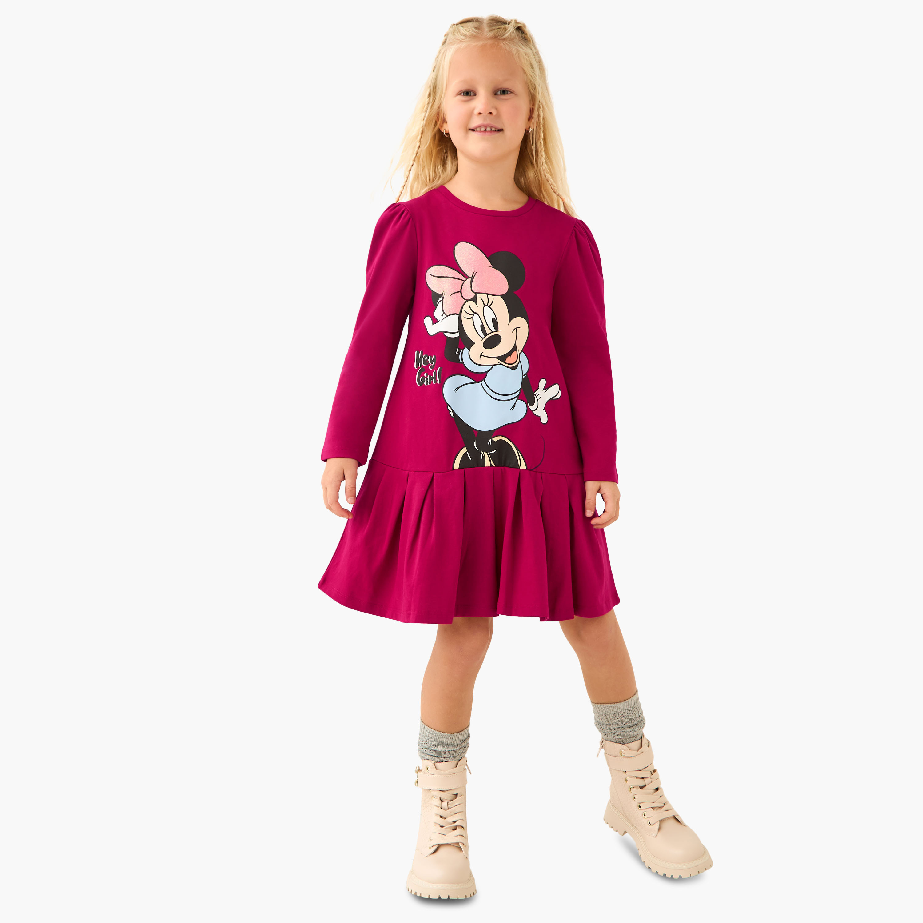 Disney Round Neck Long Sleeves Knee Length Dress with Minnie Mouse Print-girls-clothing-dressesandjumpsuits-image-2