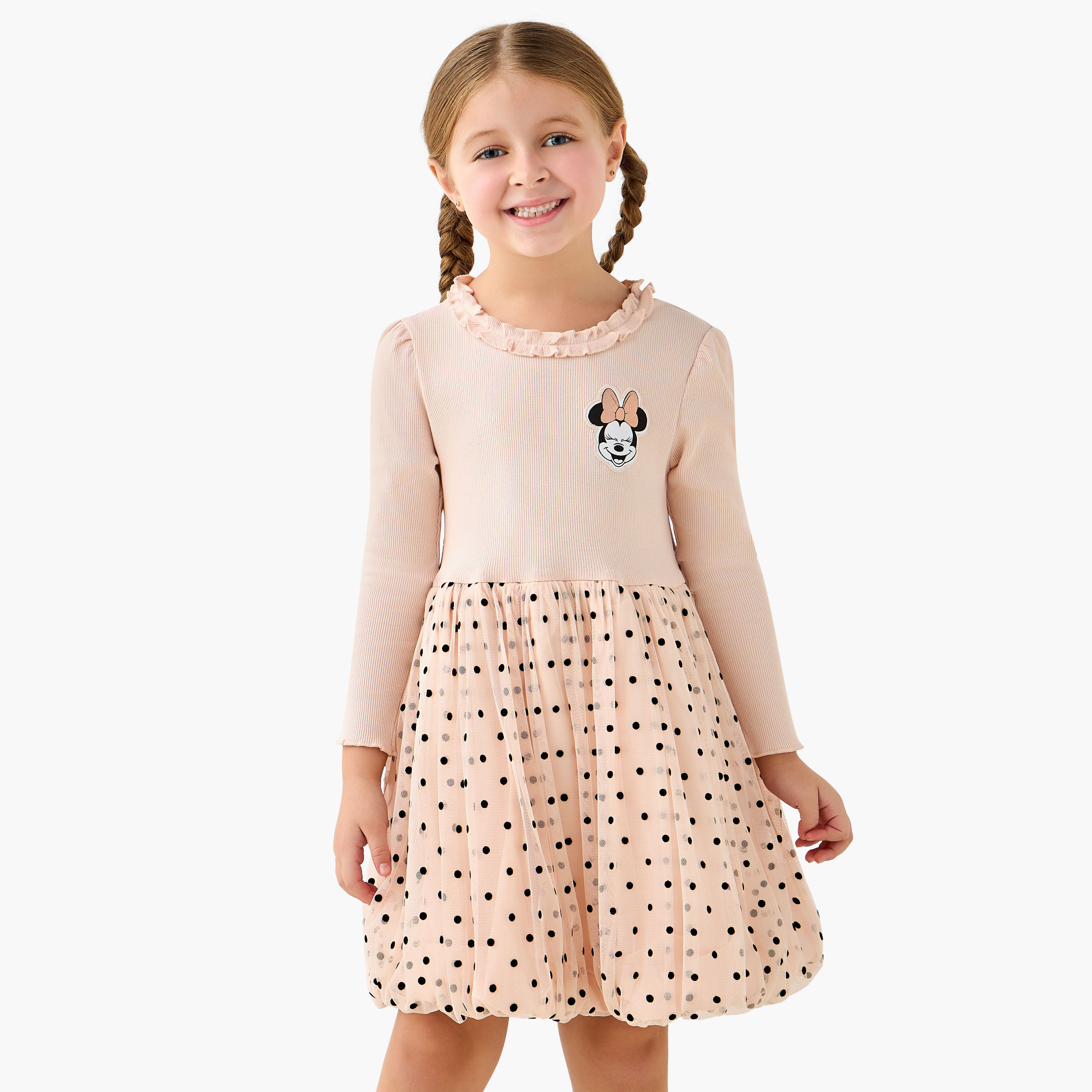 Disney Round Neck Long Sleeves Dress with Minnie Mouse and Polka Dot Print-girls-clothing-dressesandjumpsuits-image-1