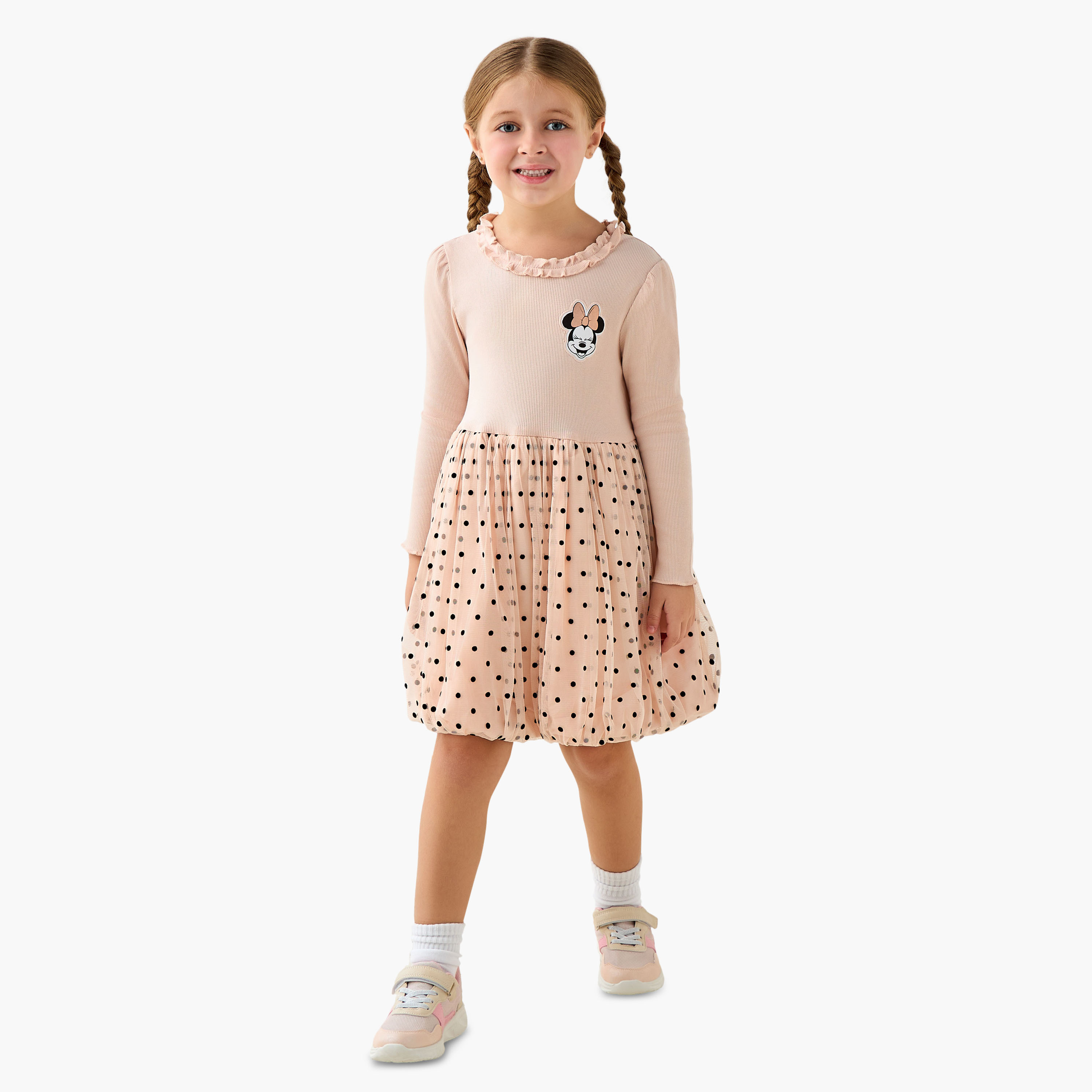 Disney Round Neck Long Sleeves Dress with Minnie Mouse and Polka Dot Print-girls-clothing-dressesandjumpsuits-image-2