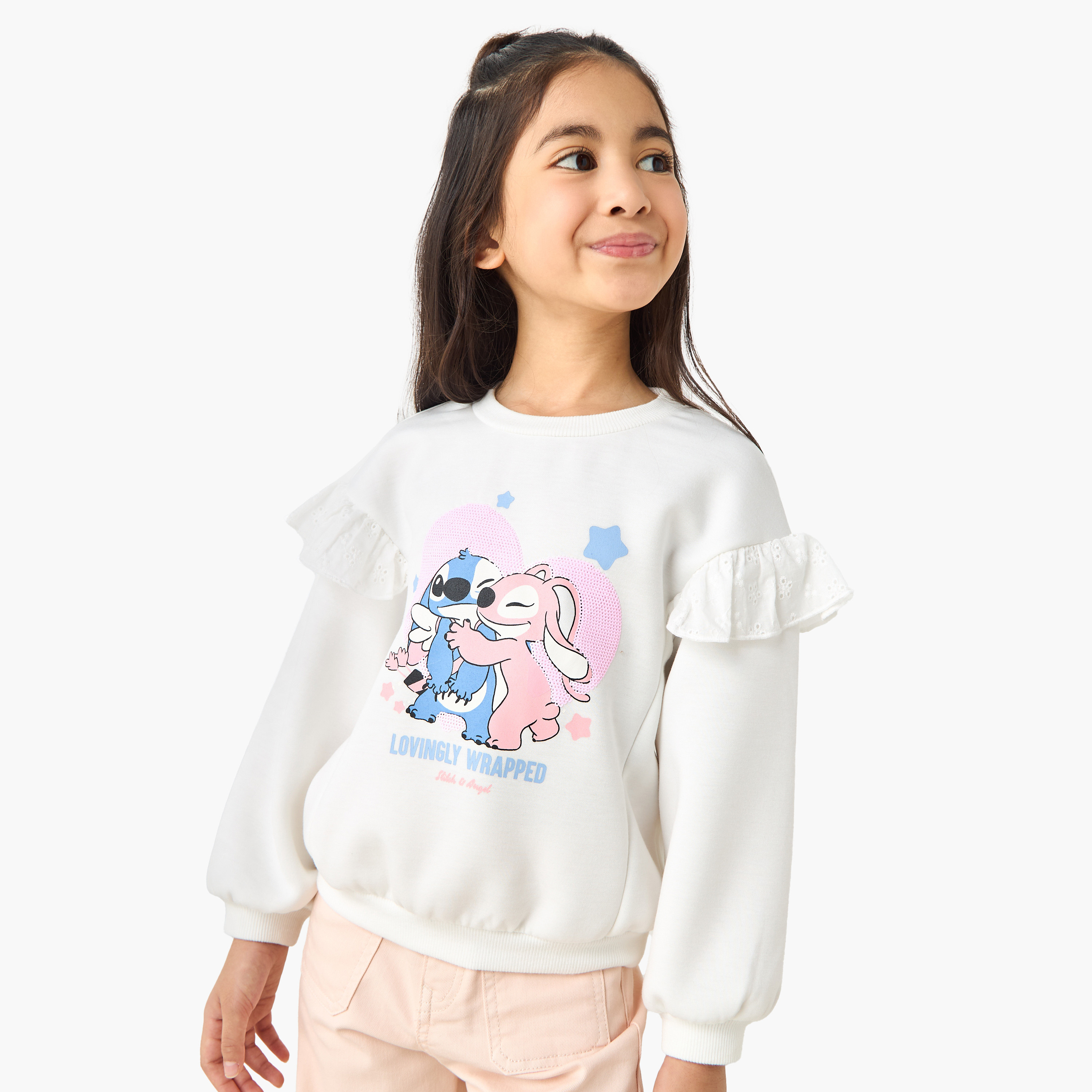 Disney Stitch and Angel Sequinned Sweatshirt with Ruffle Detail Sleeves-baby-girls-clothing-winterwear-sweatshirts-image-1