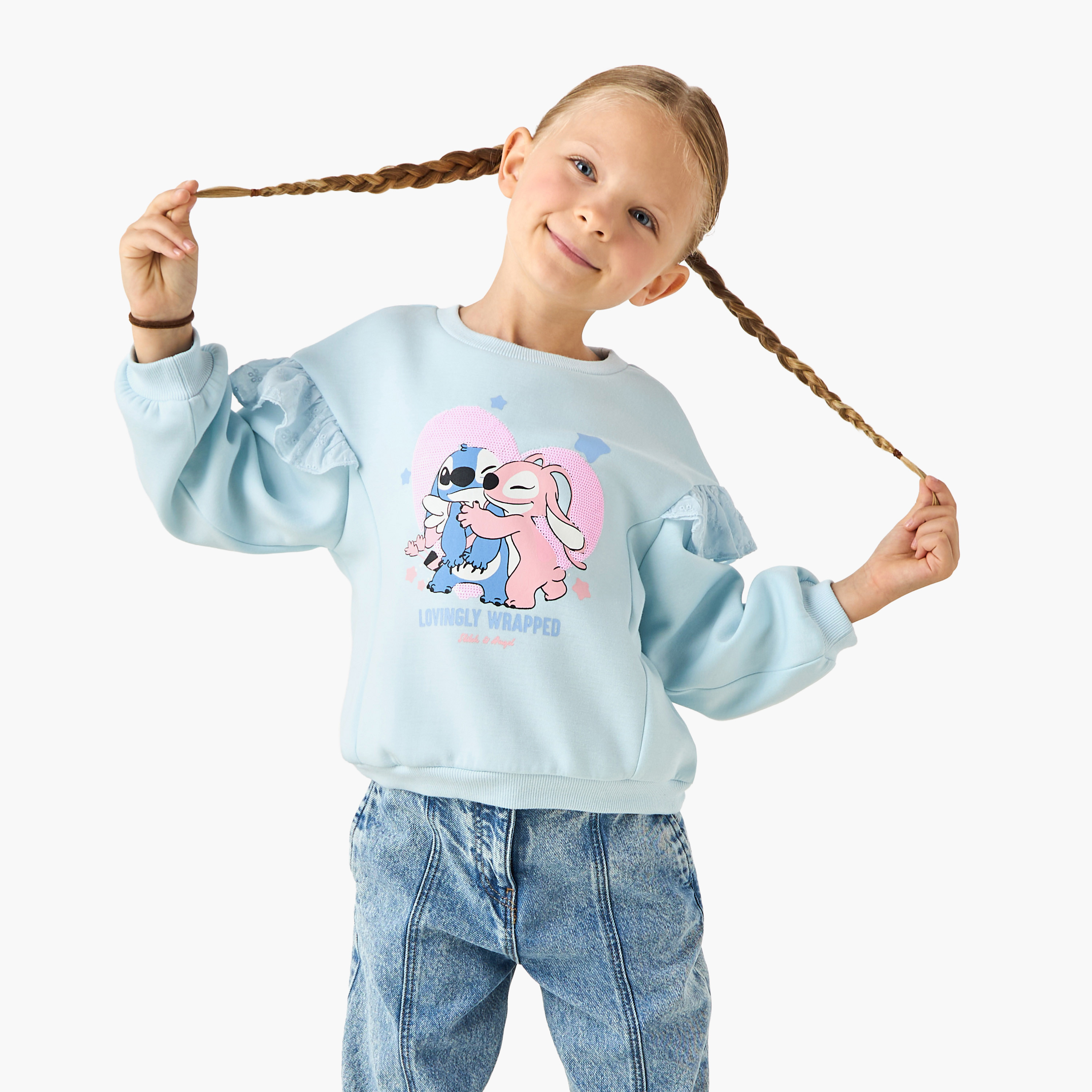 Disney Stitch and Angel Sequinned Sweatshirt with Ruffle Detail Sleeves-baby-girls-clothing-sweatshirts-image-1