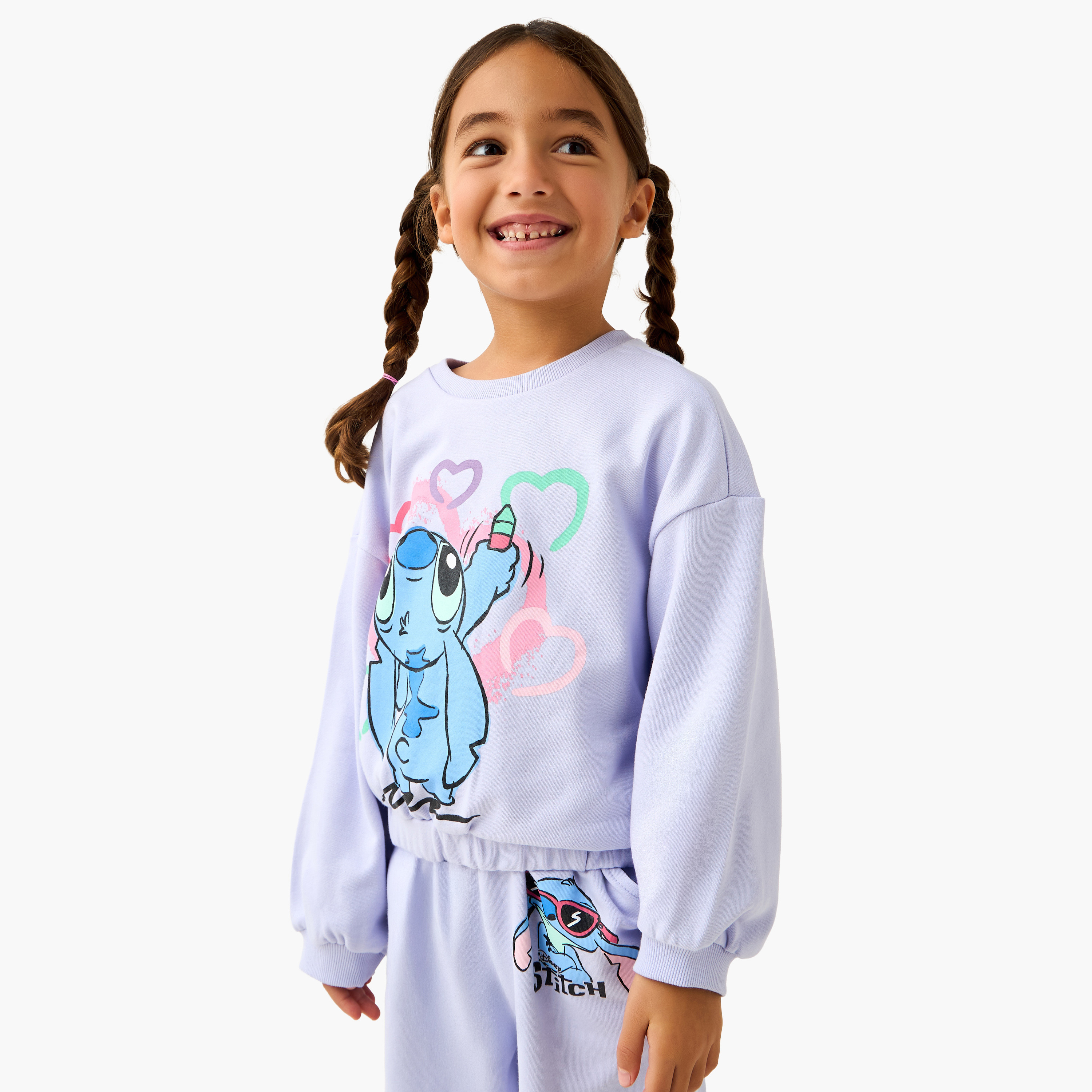 Disney Crew Neck Long Sleeves Sweatshirt and Joggers Set with Stitch Print-baby-girls-clothing-setsandcoords-image-2