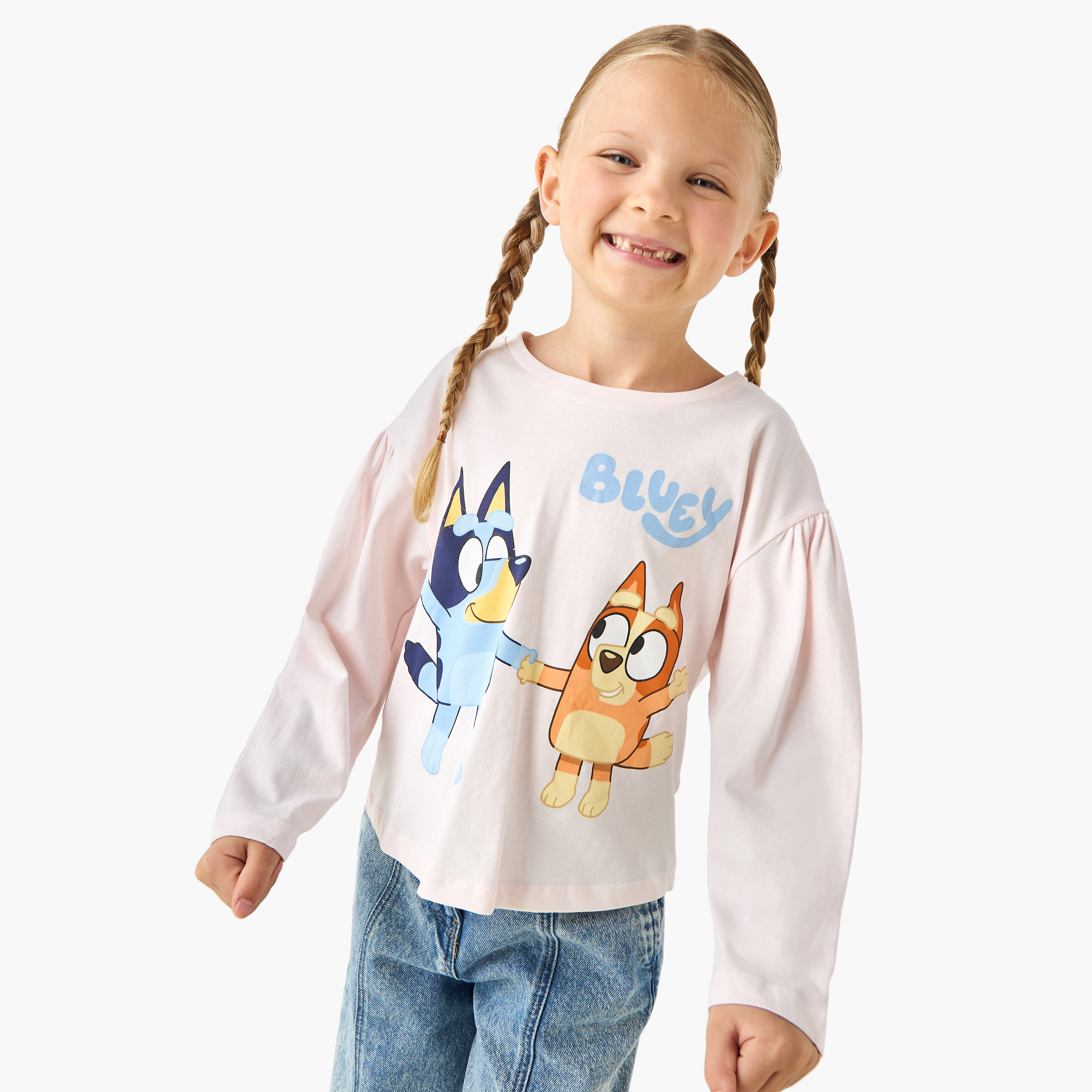 تيشيرت قطن بياقة ضيقة وأكمام طويلة وطبعات بلووي جرافيك للبنات-girls-clothing-tshirts-image-5