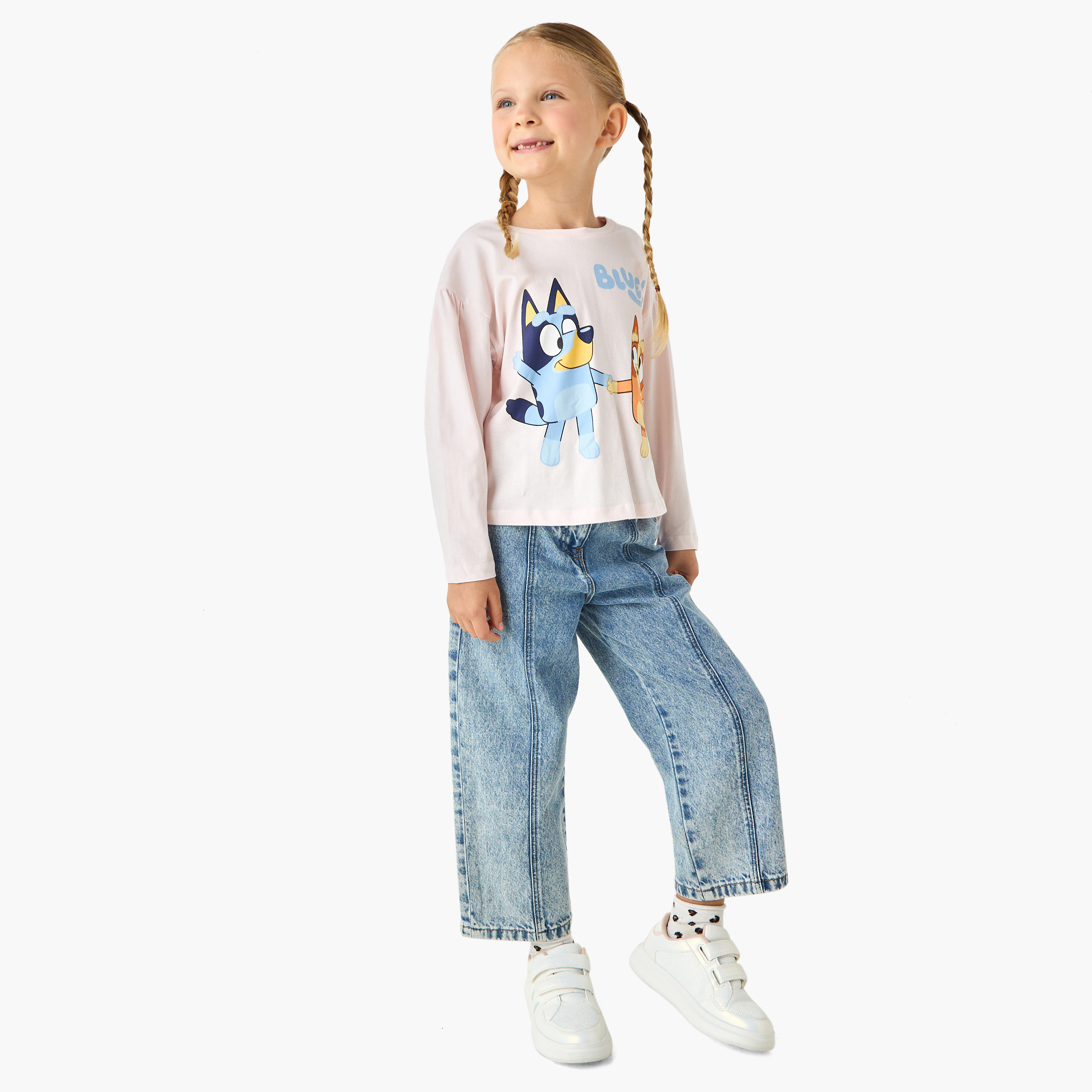 تيشيرت قطن بياقة ضيقة وأكمام طويلة وطبعات بلووي جرافيك للبنات-girls-clothing-tshirts-image-4