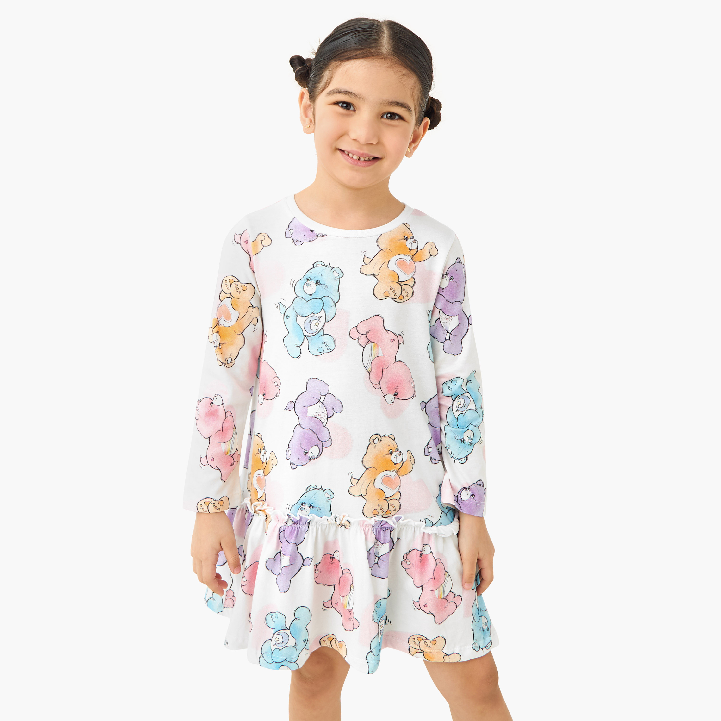 Cloud Co Care Bear Print Drop Waist Dress with Long Sleeves-girls-clothing-dressesandjumpsuits-image-2
