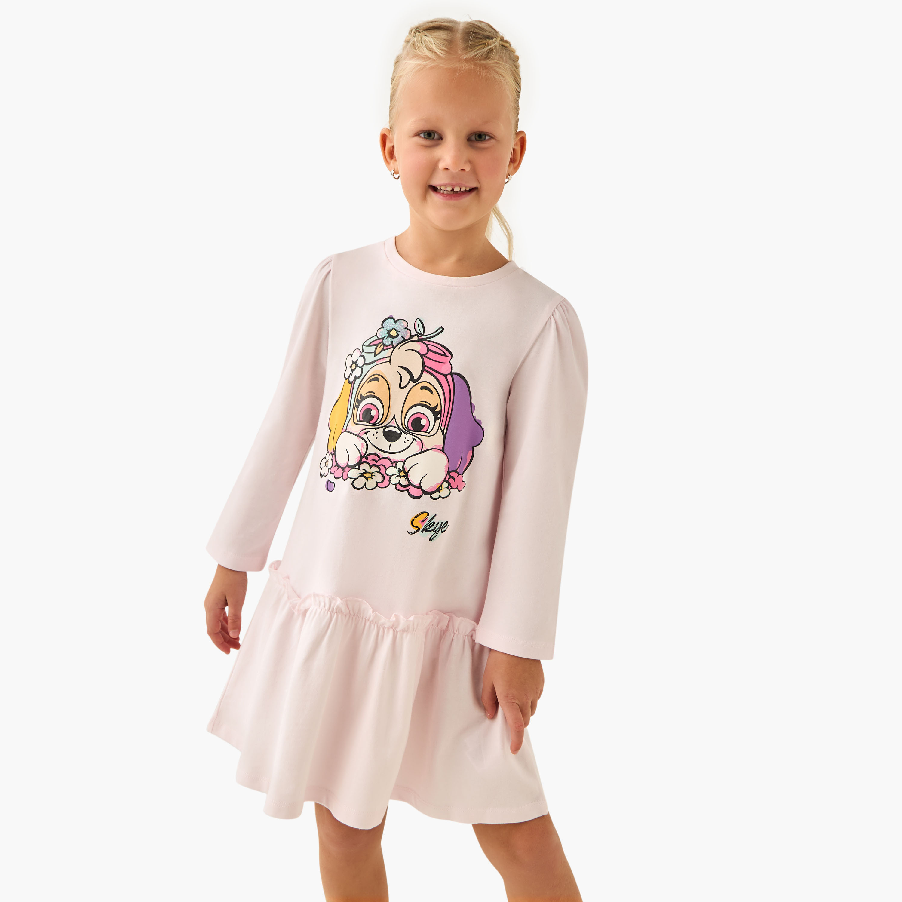 Round Neck Long Sleeves Knee Length Dress with Skye Print-girls-clothing-dressesandjumpsuits-image-1