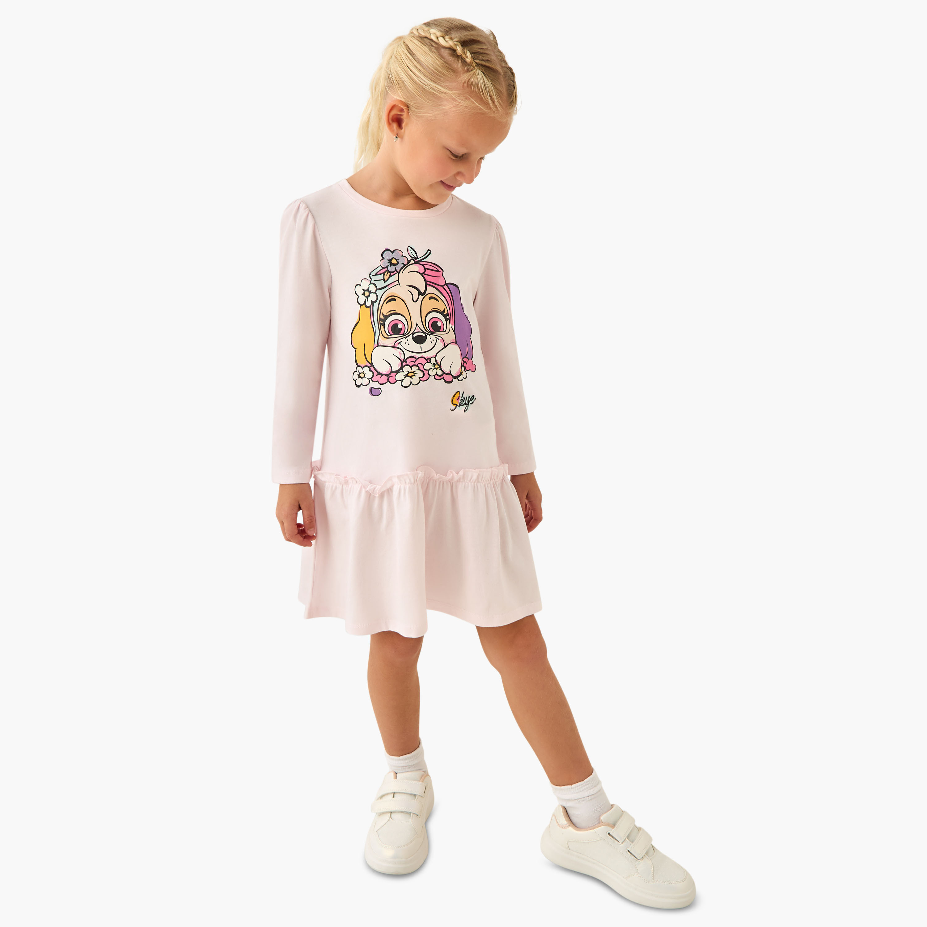 Round Neck Long Sleeves Knee Length Dress with Skye Print-girls-clothing-dressesandjumpsuits-image-2