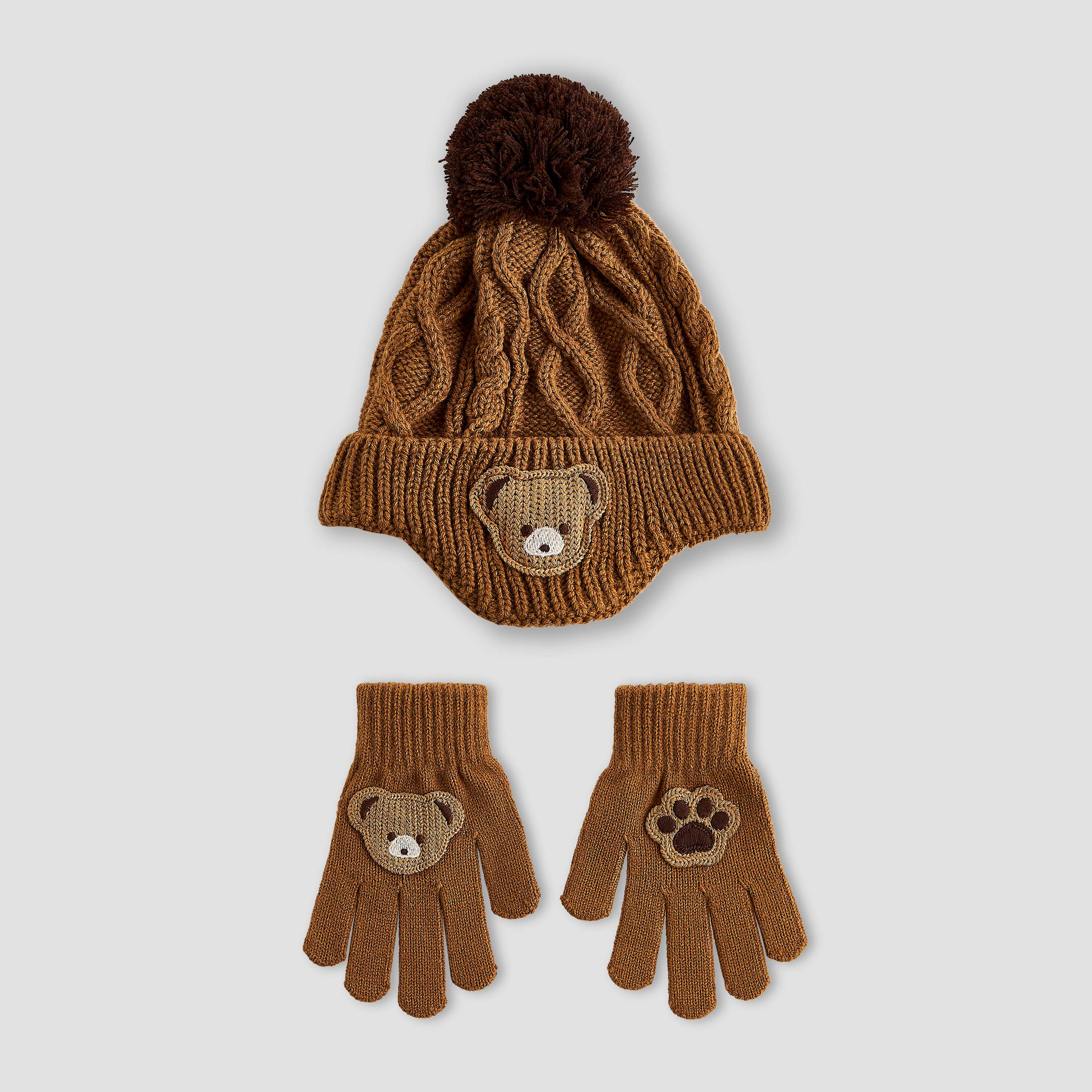 Juniors Winter Beanie and Gloves Set with Bear Applique-boys-clothing-winterwear-winteraccessories-image-1