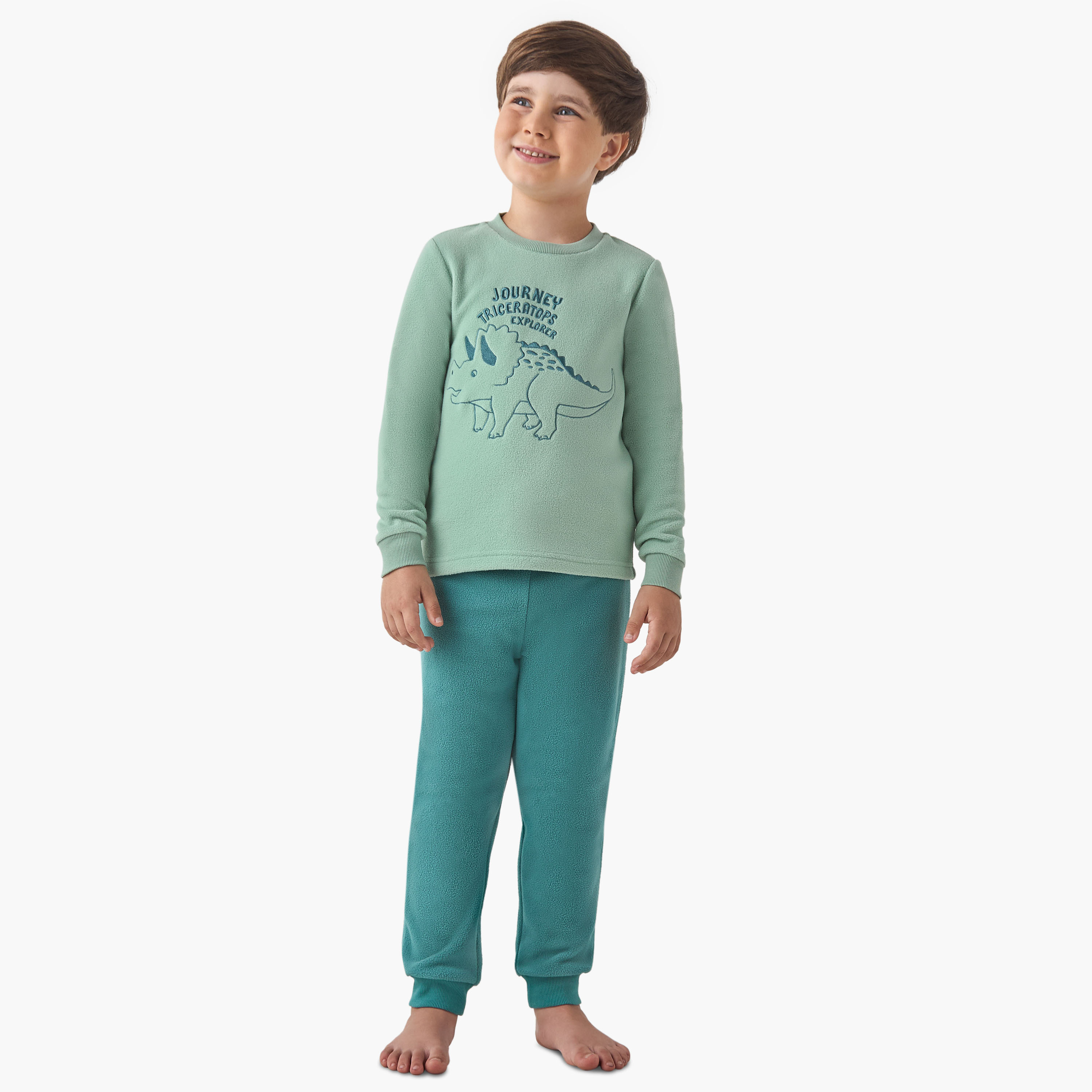 Juniors Boys Pyjama Set with Dinosaur Embroidery - Polyester - Long Sleeves - Crew Neck-boys-clothing-nightwear-image-1