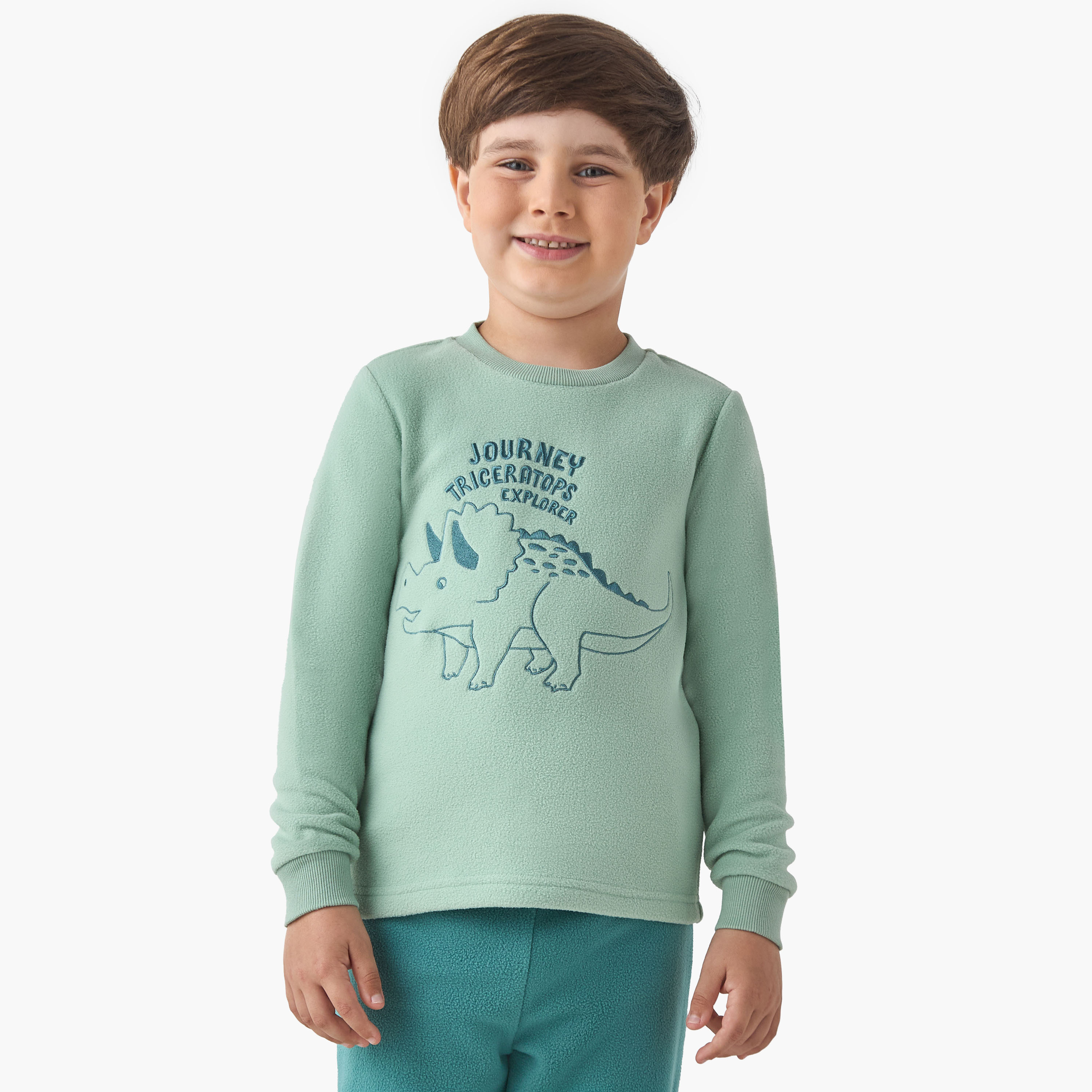 Juniors Boys Pyjama Set with Dinosaur Embroidery - Polyester - Long Sleeves - Crew Neck-boys-clothing-nightwear-image-2