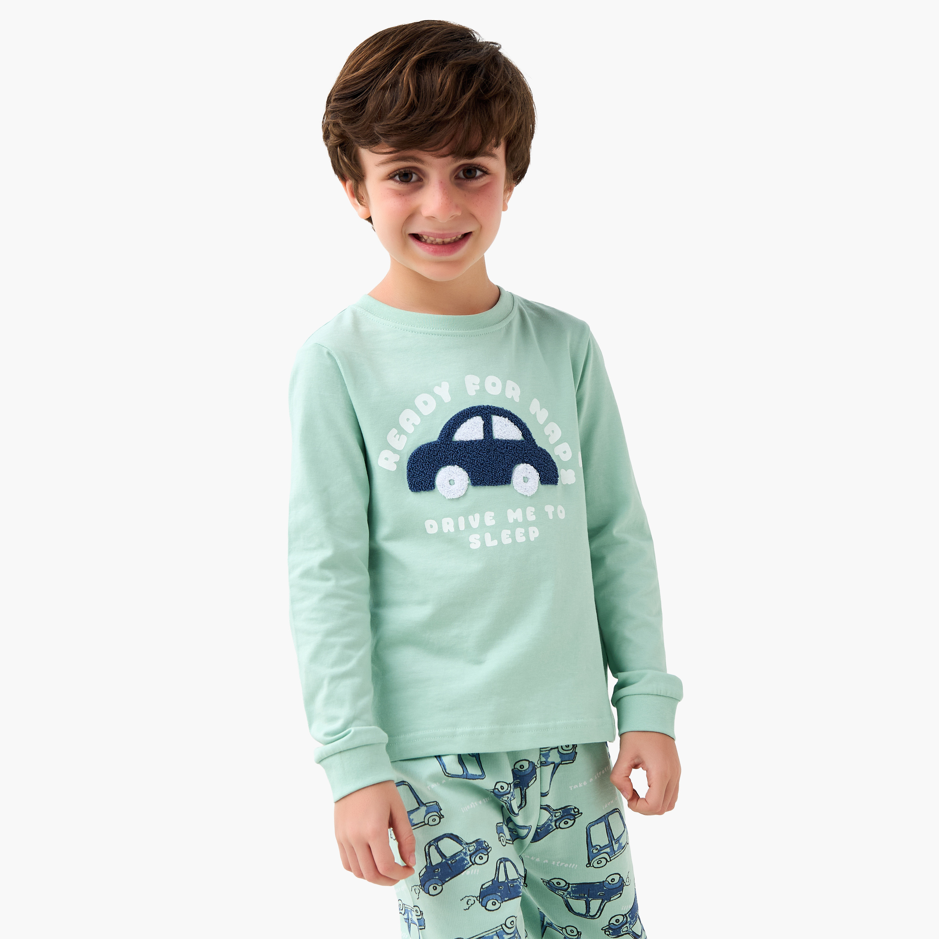 Juniors Cotton Crew Neck Long Sleeves Pyjama Set with Car Print-boys-clothing-nightwear-image-2