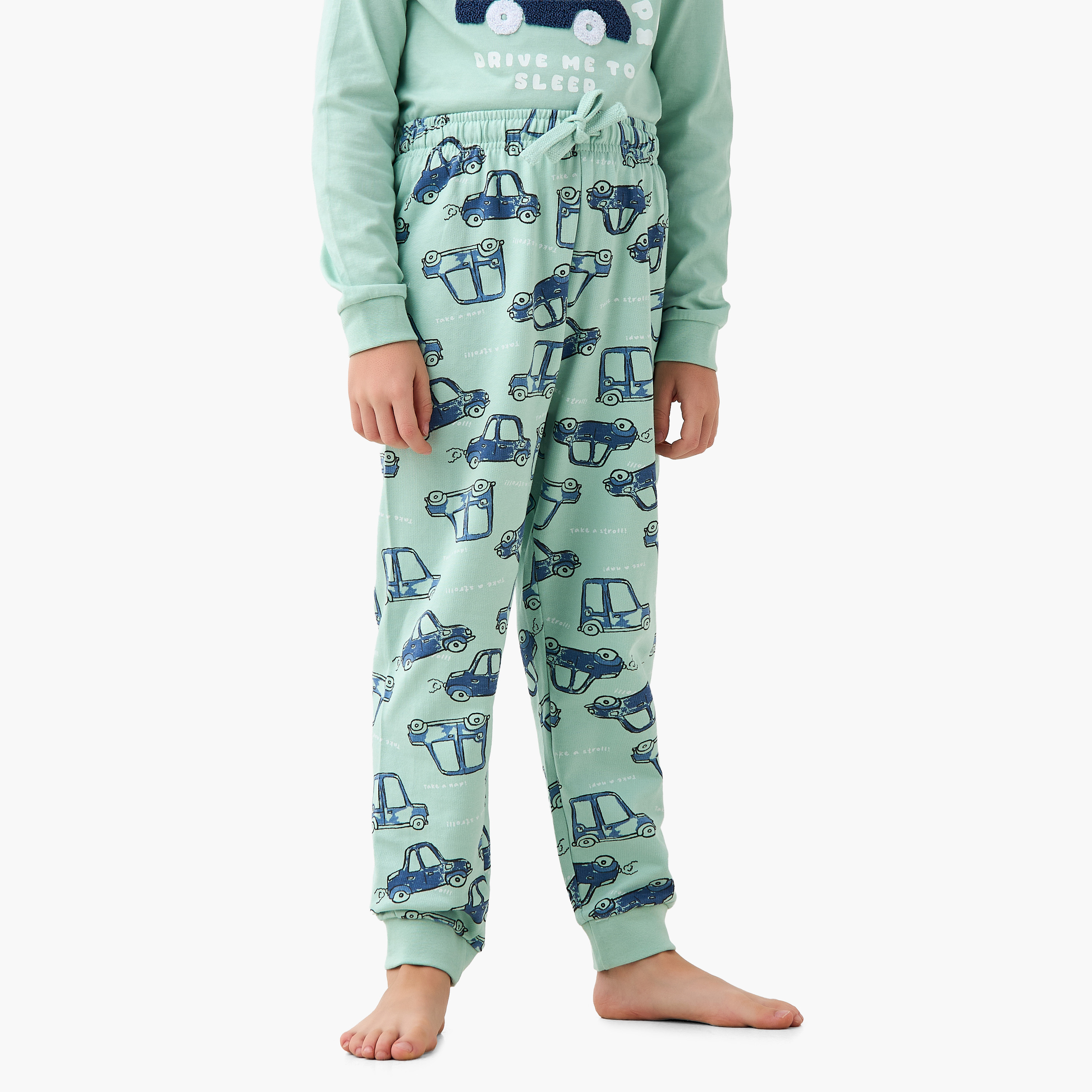 Juniors Cotton Crew Neck Long Sleeves Pyjama Set with Car Print-boys-clothing-nightwear-image-3