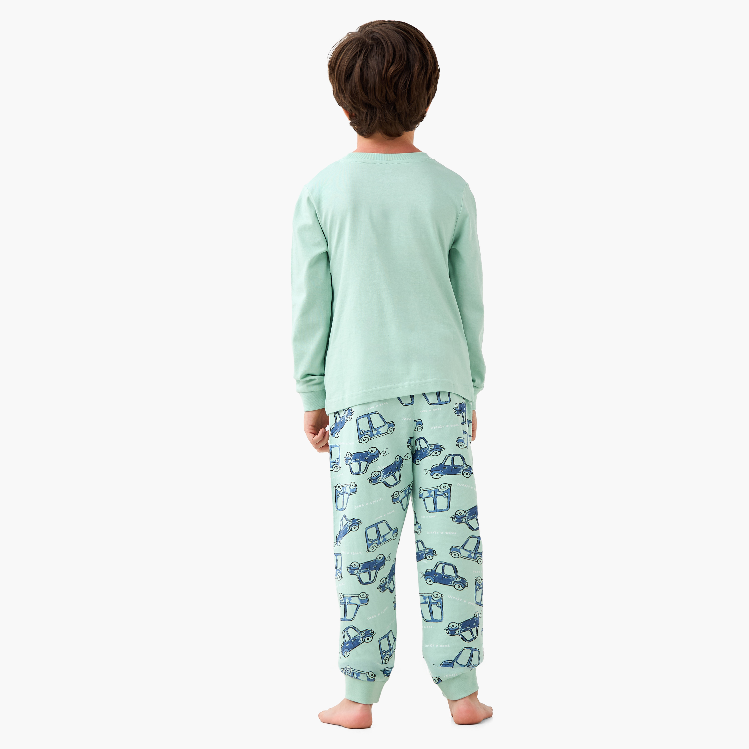Juniors Cotton Crew Neck Long Sleeves Pyjama Set with Car Print-boys-clothing-nightwear-image-4