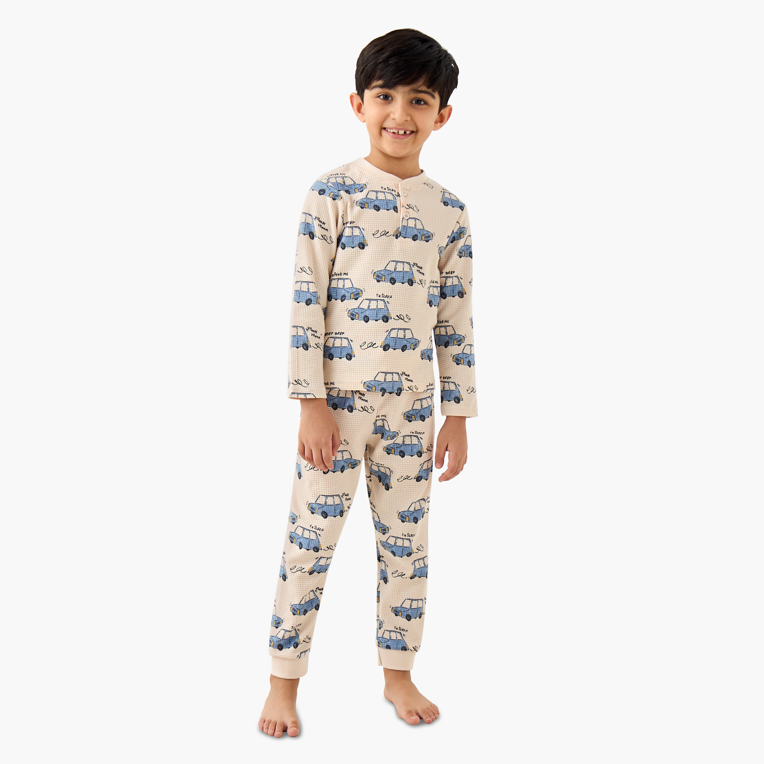 Juniors Cotton Crew Neck Long Sleeves Pyjama Set with Bear Print-boys-clothing-nightwear-image-1