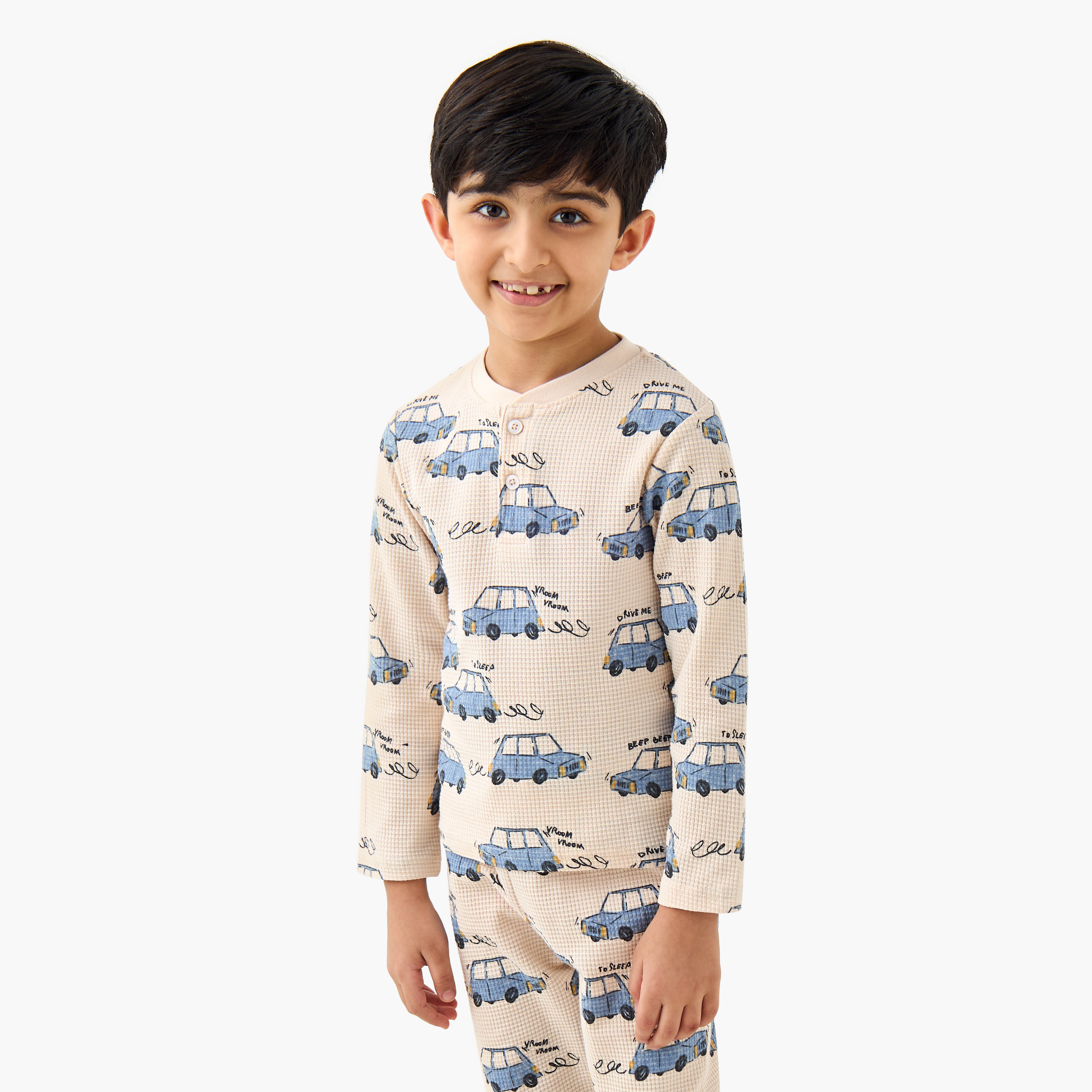 Juniors Cotton Crew Neck Long Sleeves Pyjama Set with Bear Print-boys-clothing-nightwear-image-2