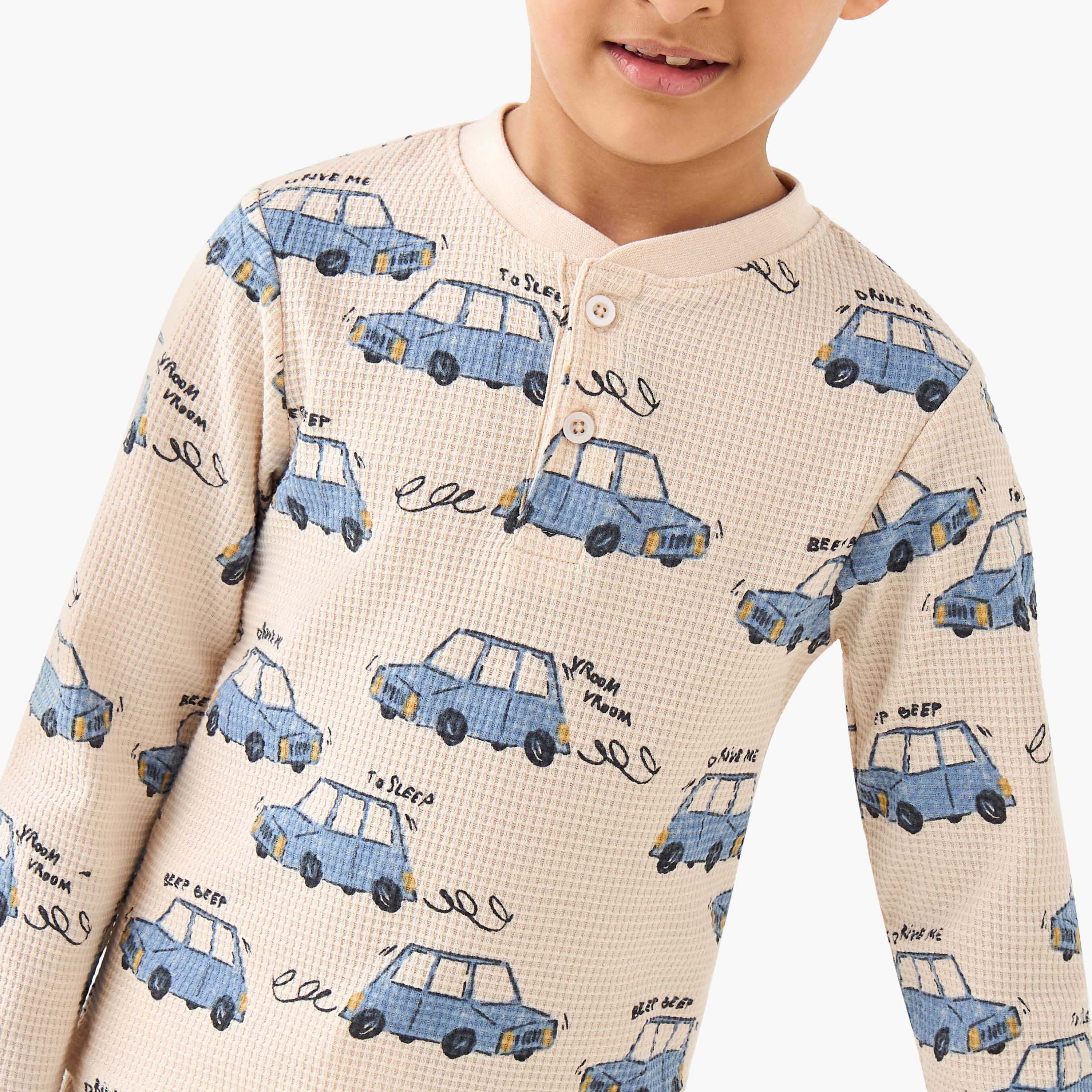 Juniors Cotton Crew Neck Long Sleeves Pyjama Set with Bear Print-boys-clothing-nightwear-image-5