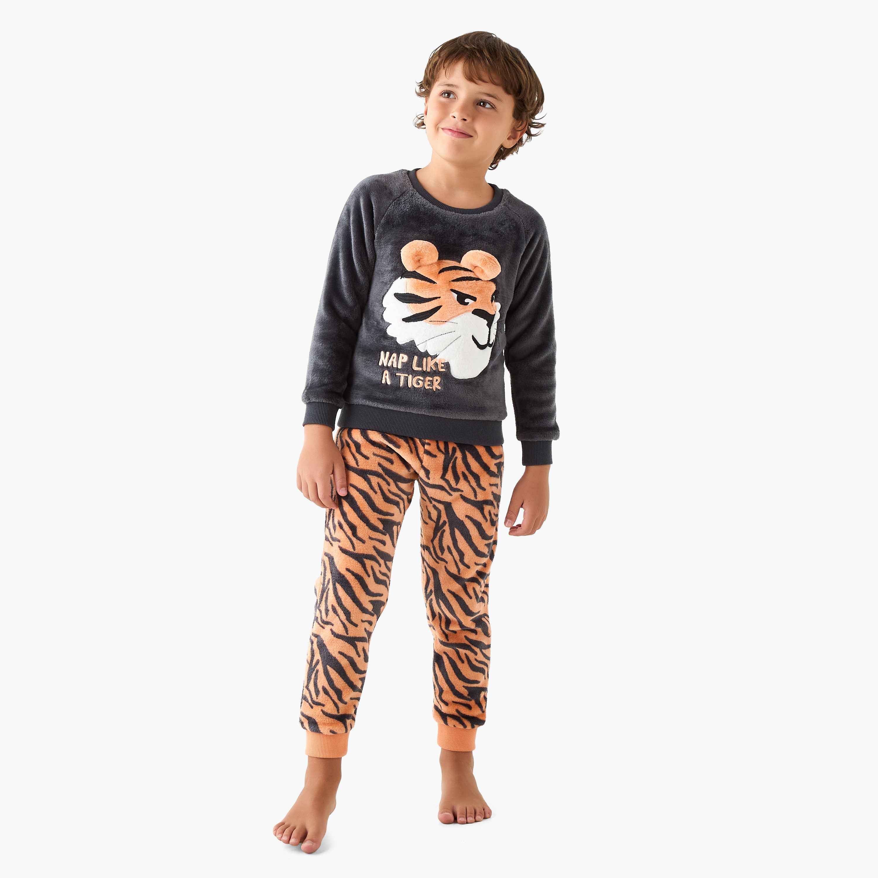 Juniors Tiger Applique Sweatshirt and Pyjama Set-boys-clothing-nightwear-image-1