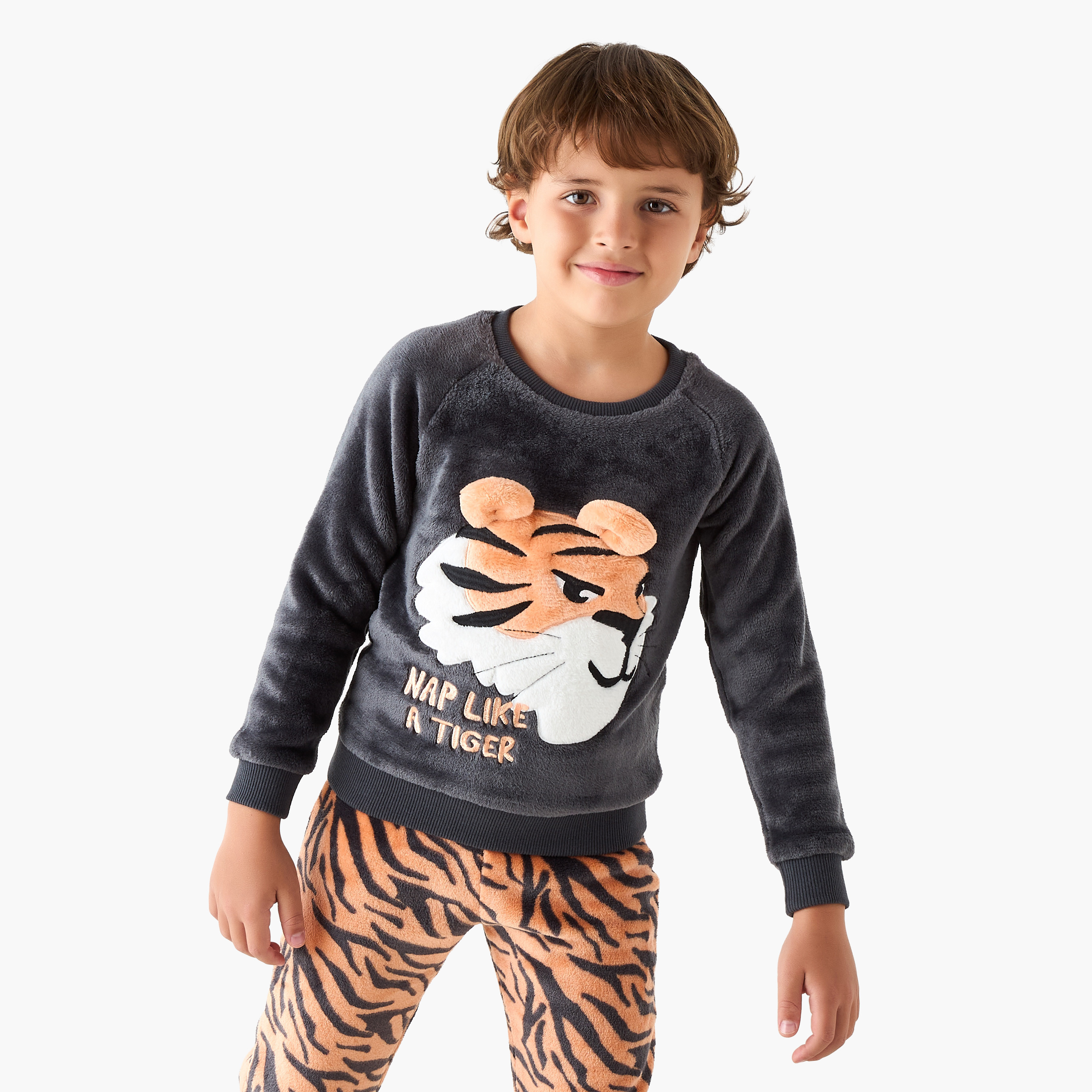 Juniors Tiger Applique Sweatshirt and Pyjama Set-boys-clothing-nightwear-image-2