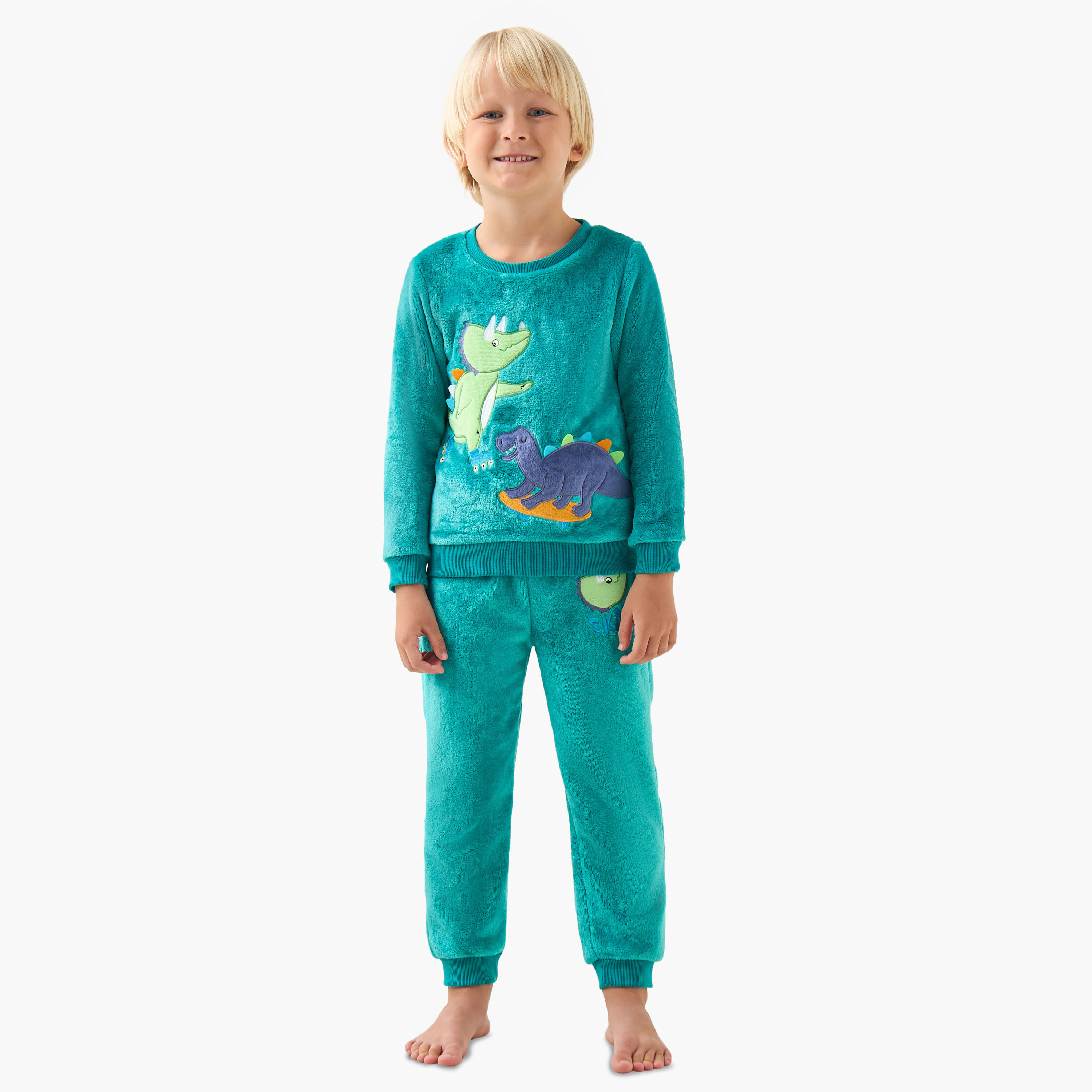 Juniors Cotton Crew Neck Long Sleeve Pyjama Set with Dinosaur Applique-boys-clothing-nightwear-image-1
