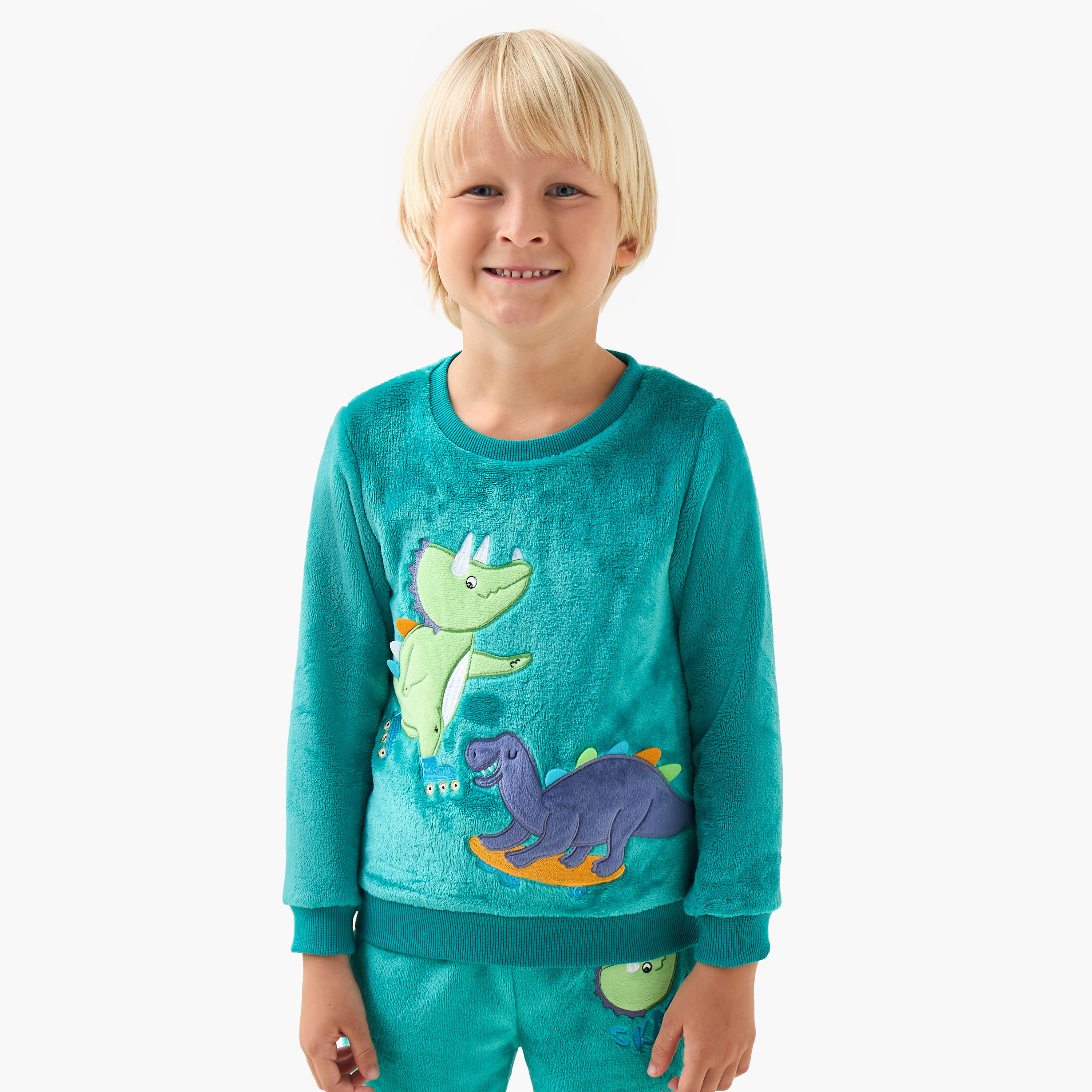 Juniors Cotton Crew Neck Long Sleeve Pyjama Set with Dinosaur Applique-boys-clothing-nightwear-image-2