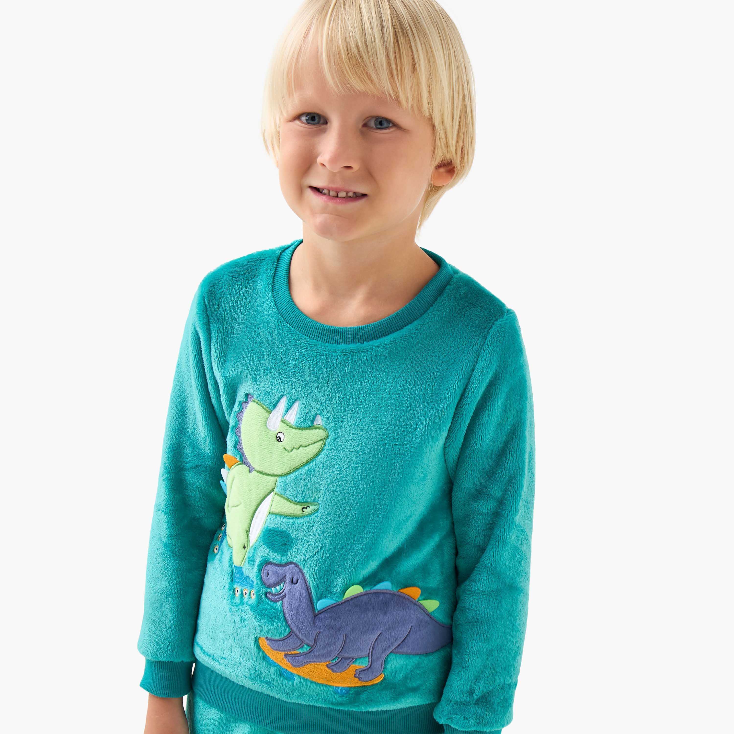 Juniors Cotton Crew Neck Long Sleeve Pyjama Set with Dinosaur Applique-boys-clothing-nightwear-image-5