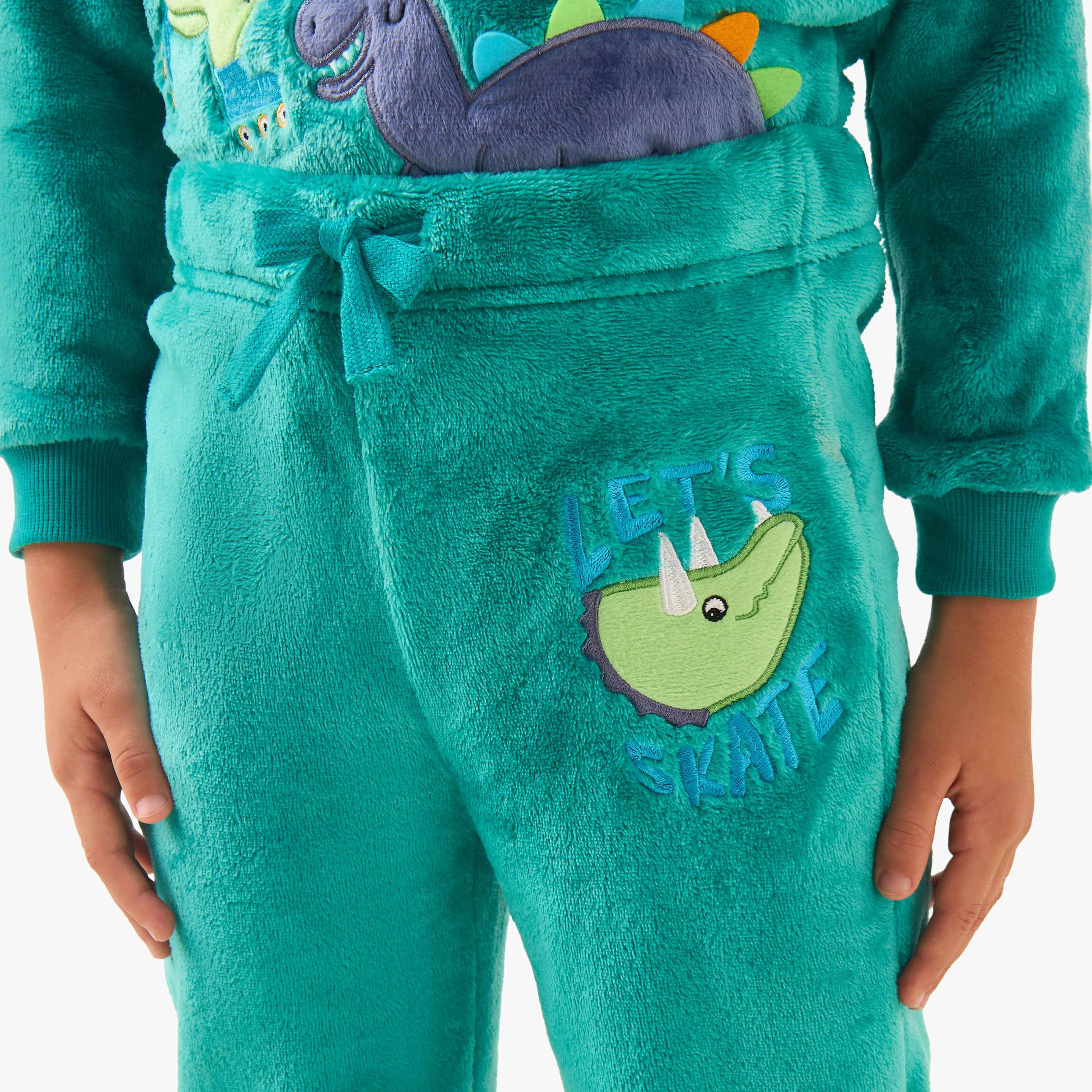 Juniors Cotton Crew Neck Long Sleeve Pyjama Set with Dinosaur Applique-boys-clothing-nightwear-image-6