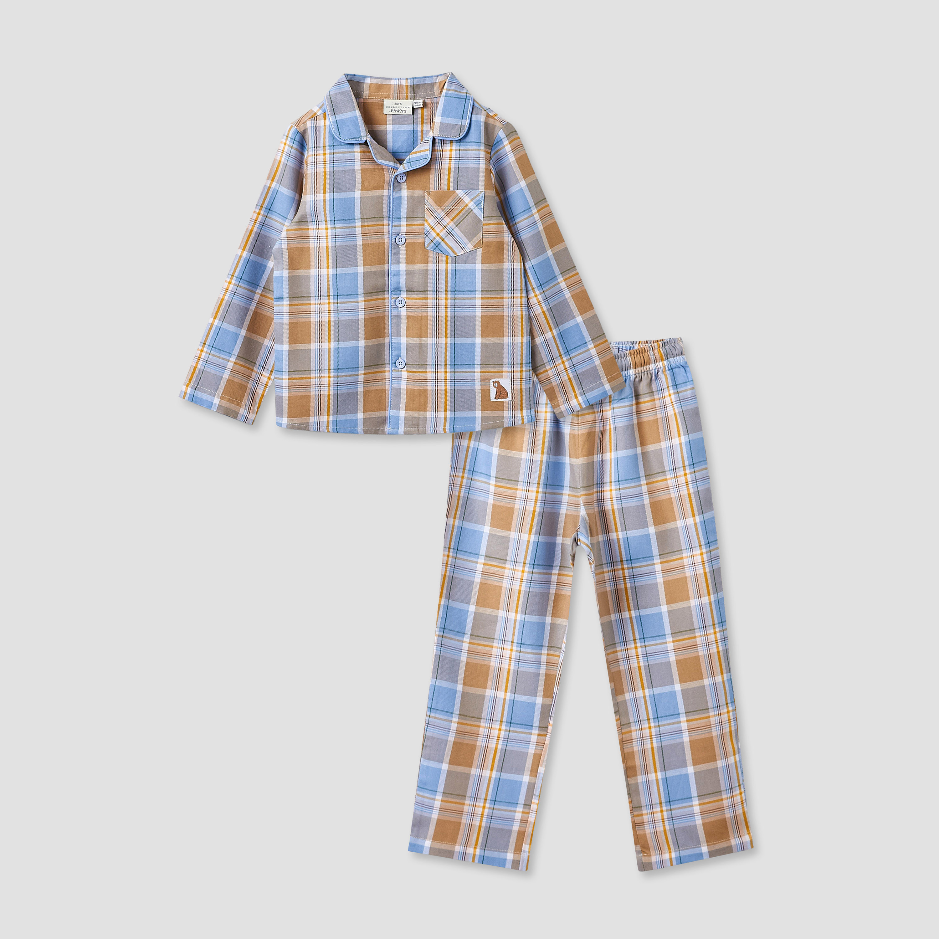 Juniors Boys Pyjama Set with Checks - Cotton - Long Sleeves - Collar-boys-clothing-nightwear-image-1