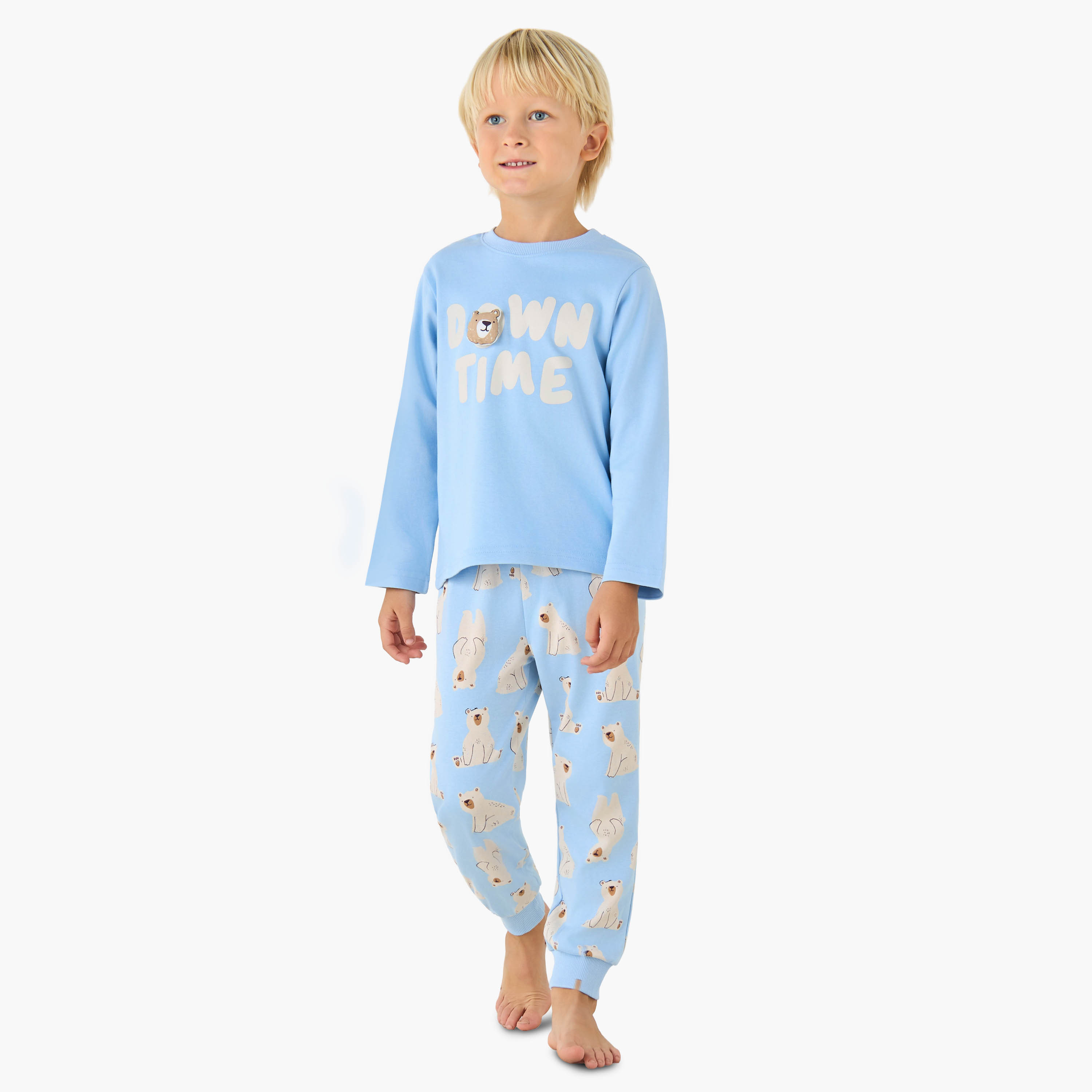 Juniors Cotton Crew Neck Long Sleeves Pyjama Set with Bear Print-boys-clothing-nightwear-image-1