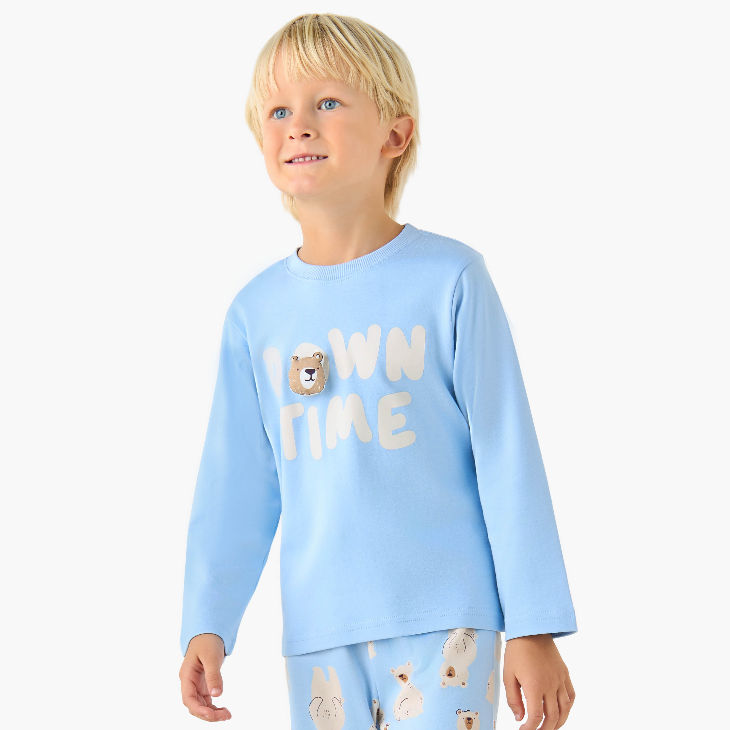 Juniors Cotton Crew Neck Long Sleeves Pyjama Set with Bear Print-boys-clothing-nightwear-image-2