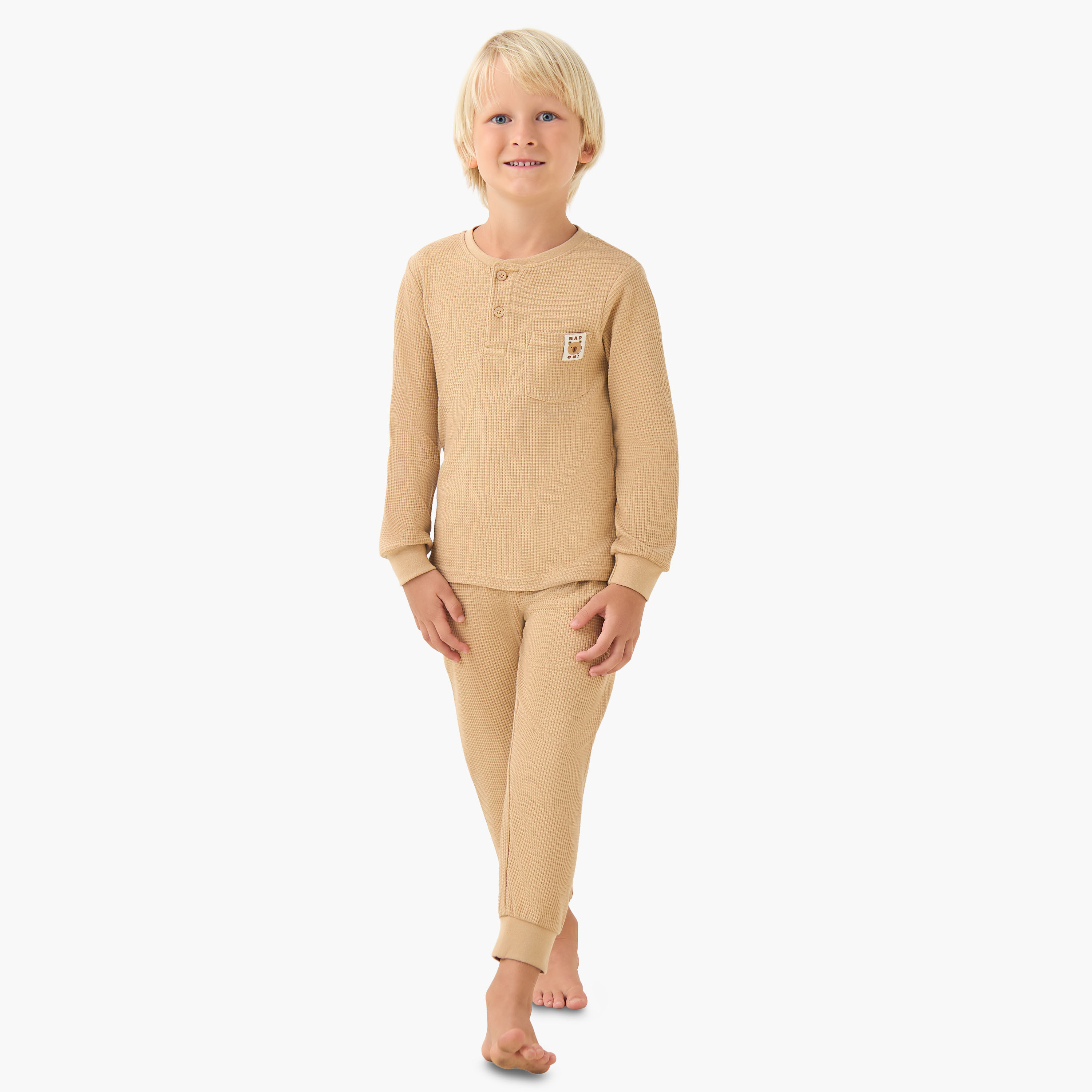 Juniors Cotton Henley Neck Long Sleeves Pyjama Set with Waffle Texture-boys-clothing-nightwear-image-1