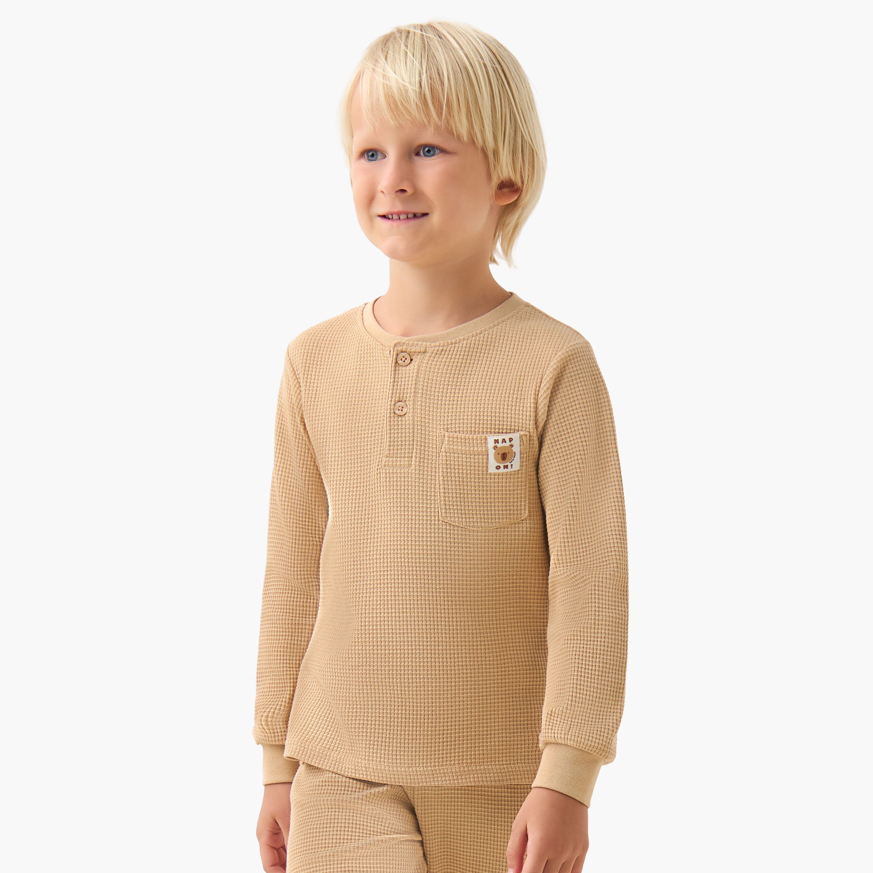 Juniors Cotton Henley Neck Long Sleeves Pyjama Set with Waffle Texture-boys-clothing-nightwear-image-2