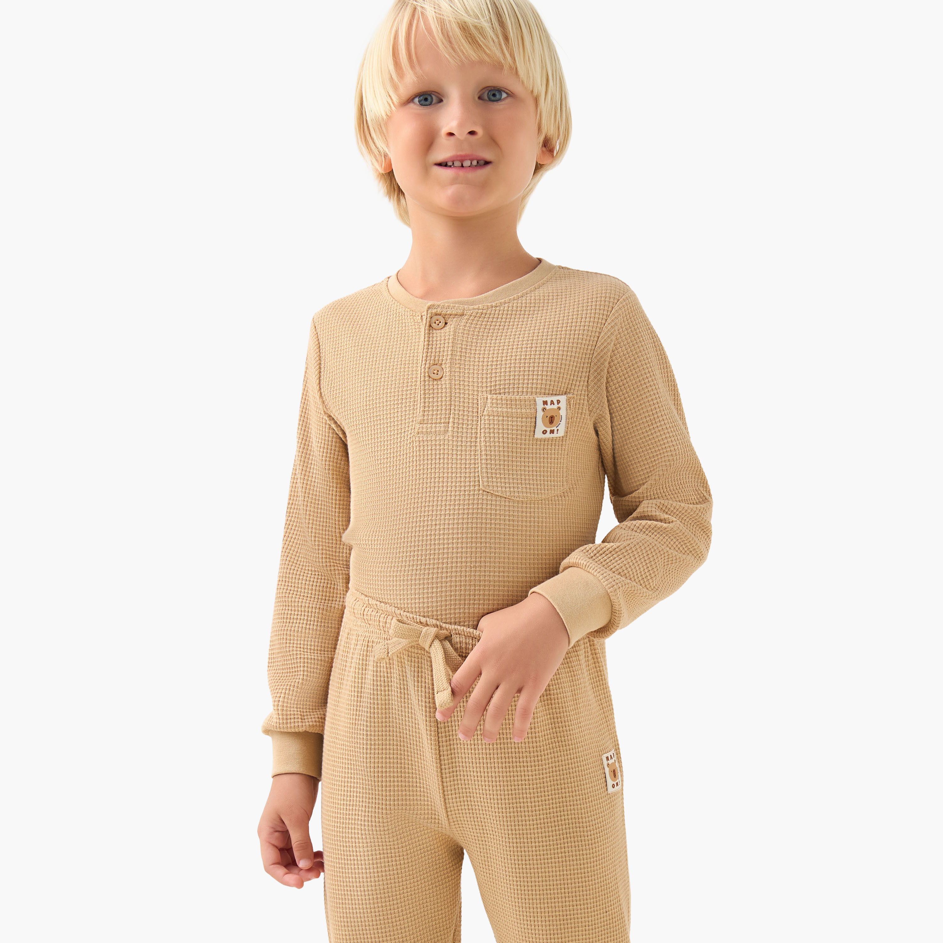 Juniors Cotton Henley Neck Long Sleeves Pyjama Set with Waffle Texture-boys-clothing-nightwear-image-5