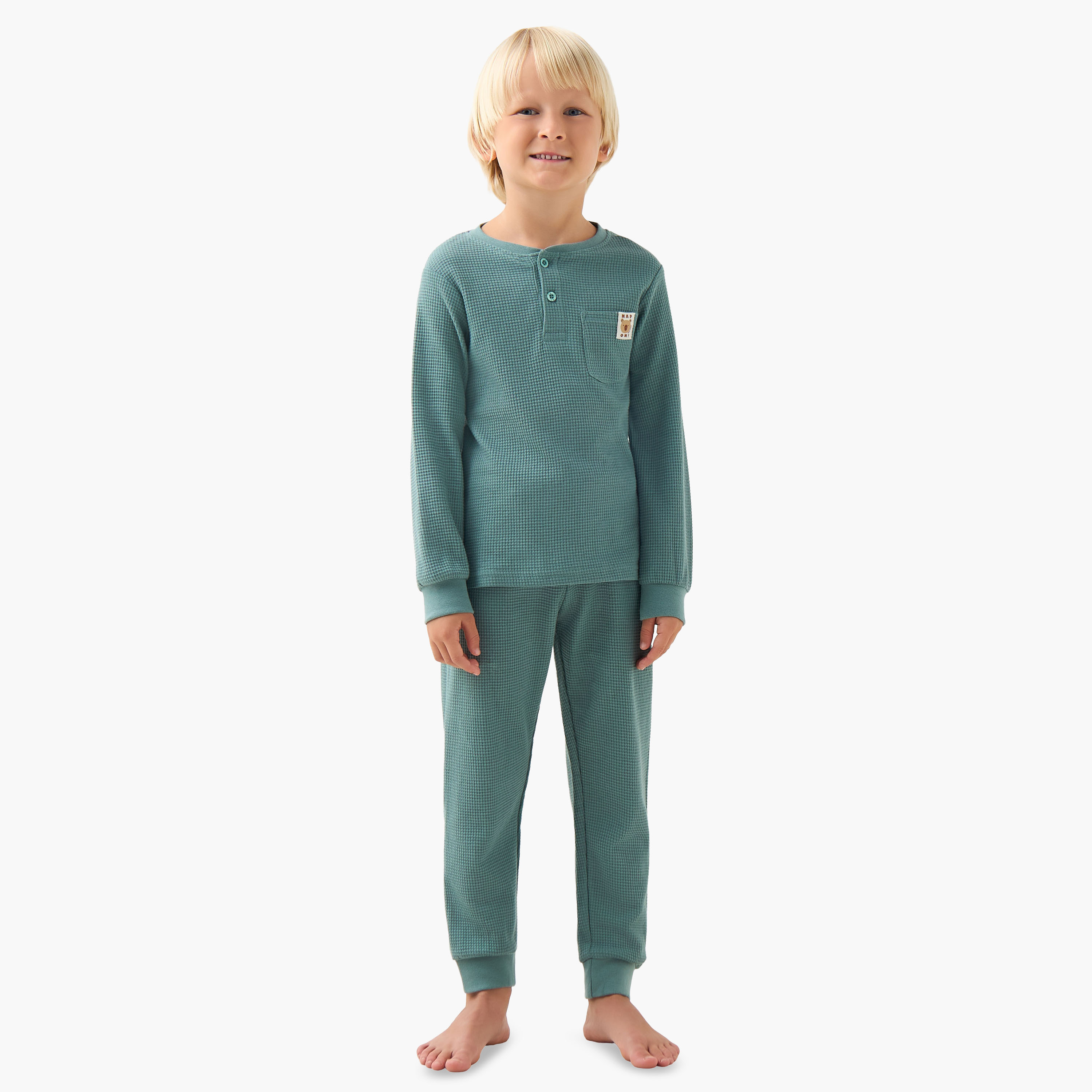 طقم بيجاما قطن بياقة مستديرة وأكمام طويلة بملمس وافل من جونيورز-boys-clothing-nightwear-image-1