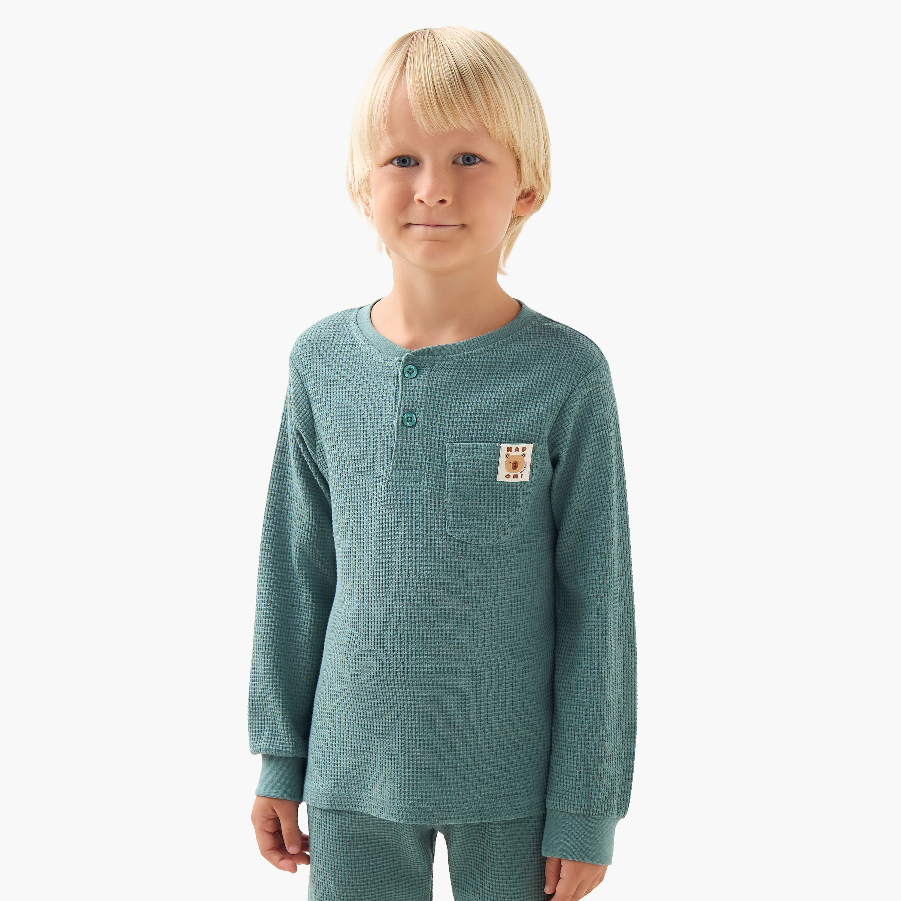 طقم بيجاما قطن بياقة مستديرة وأكمام طويلة بملمس وافل من جونيورز-boys-clothing-nightwear-image-2