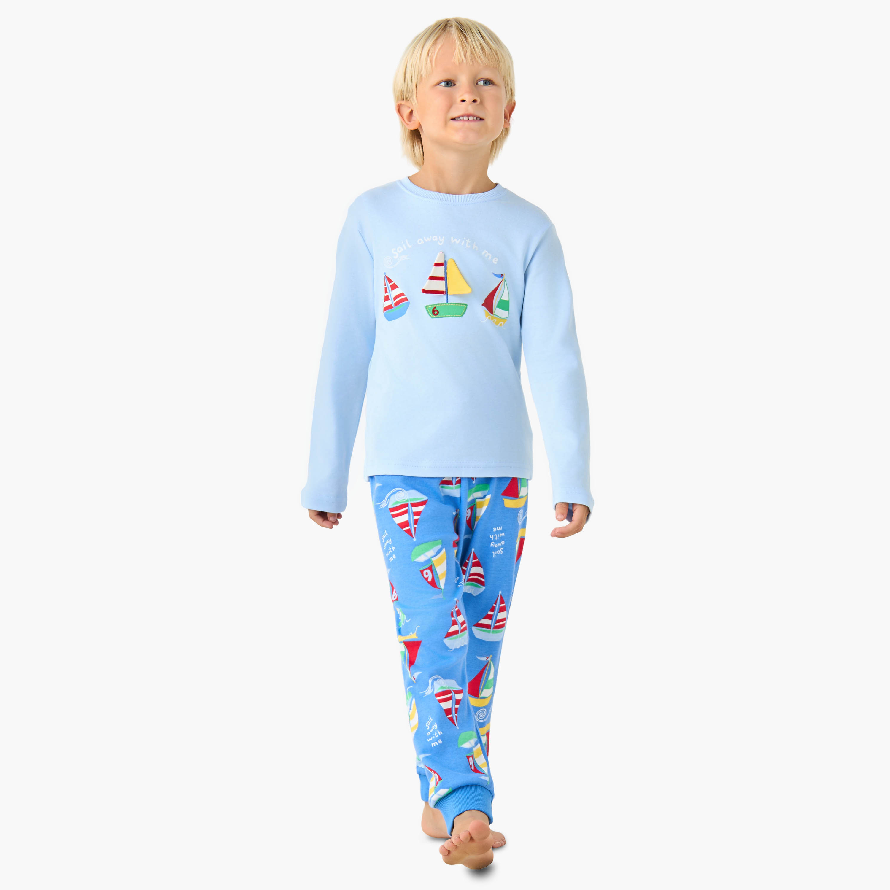 Juniors Cotton Crew Neck Long Sleeves Pyjama Set with Sailboat Print-boys-clothing-nightwear-image-1