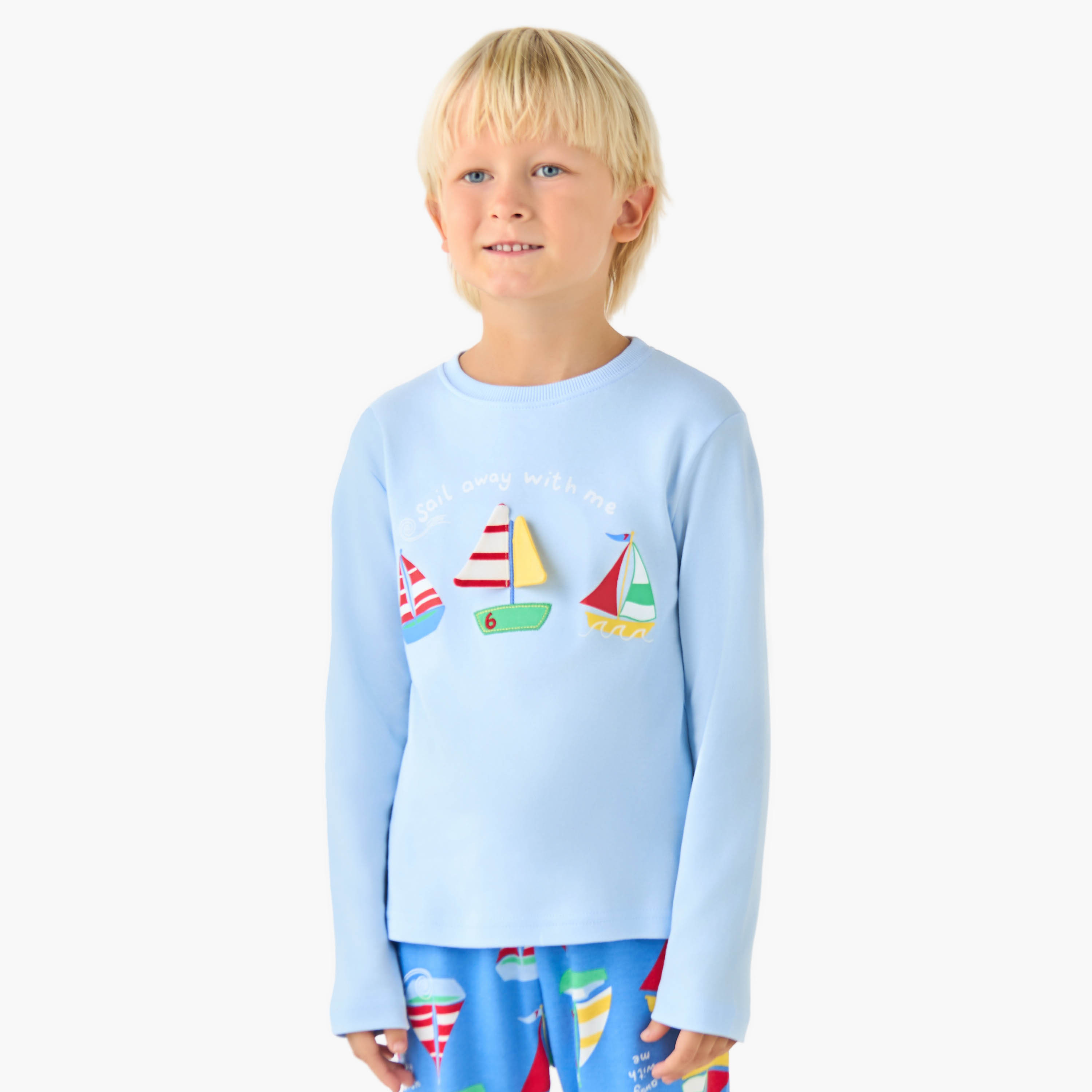 Juniors Cotton Crew Neck Long Sleeves Pyjama Set with Sailboat Print-boys-clothing-nightwear-image-2