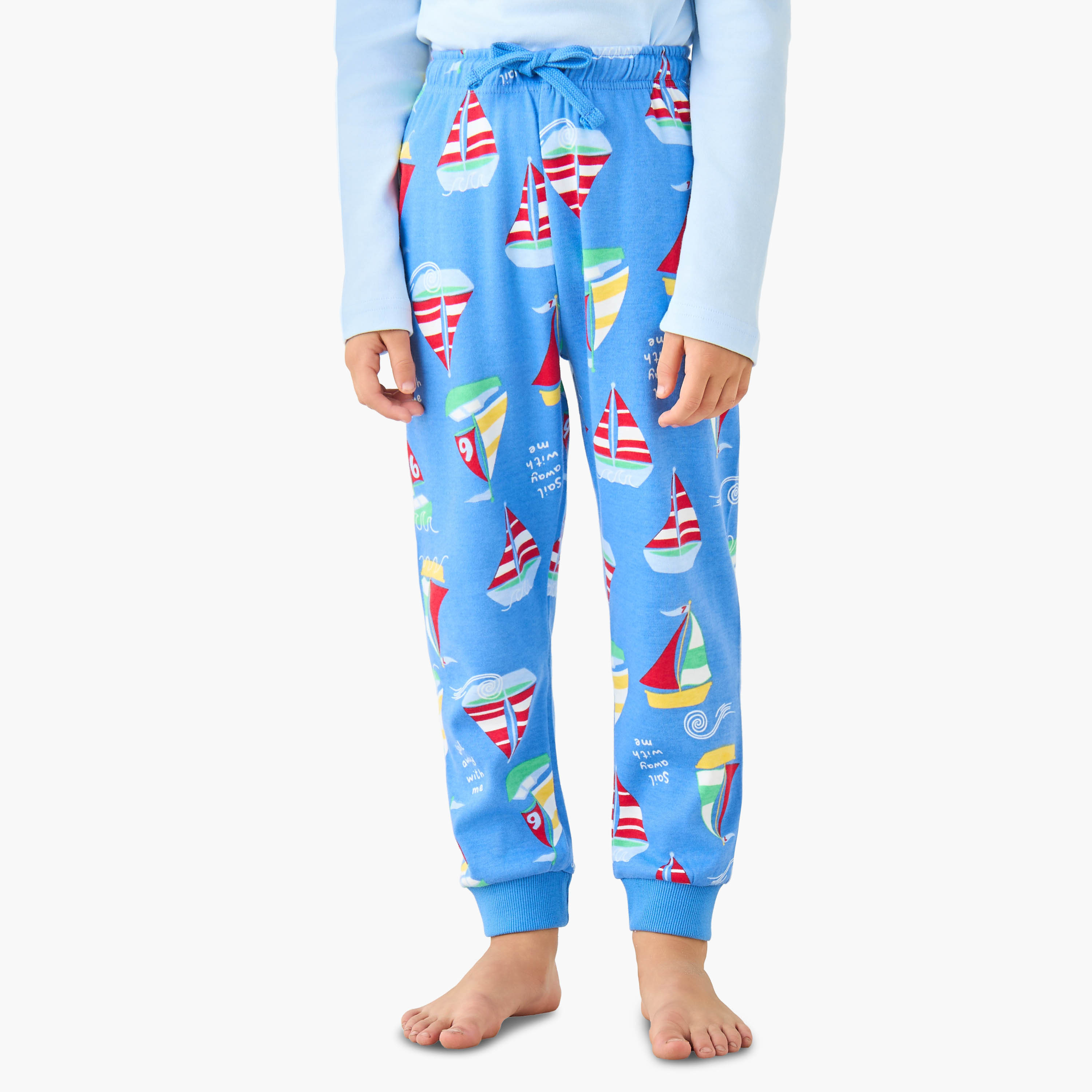 Juniors Cotton Crew Neck Long Sleeves Pyjama Set with Sailboat Print-boys-clothing-nightwear-image-3