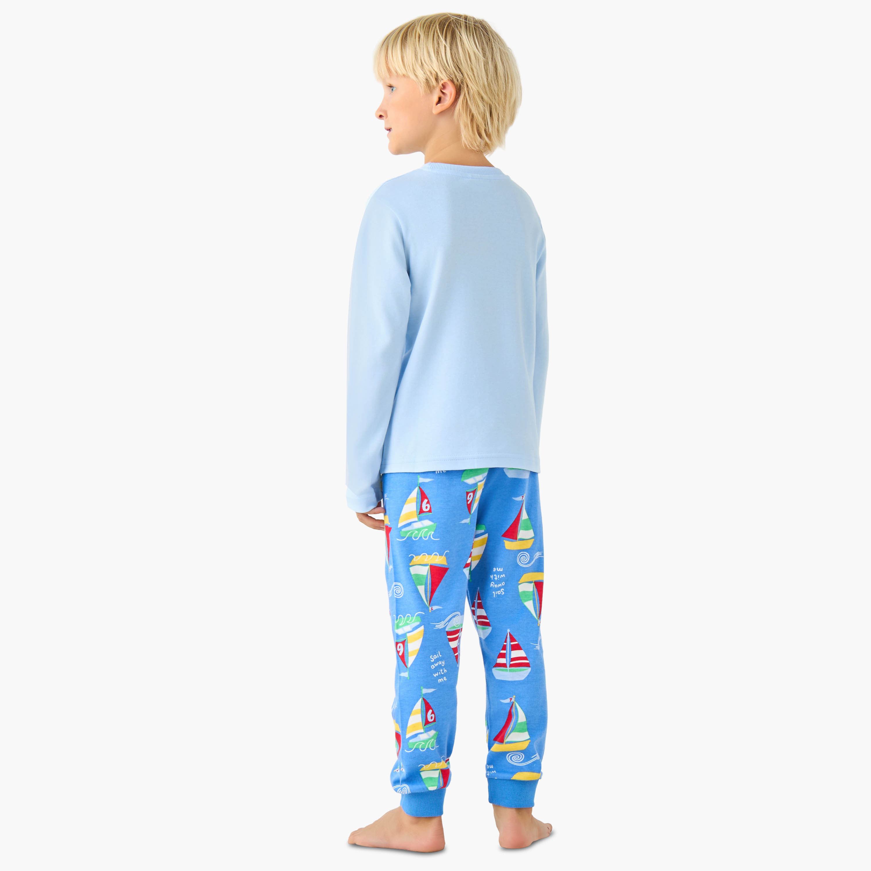 Juniors Cotton Crew Neck Long Sleeves Pyjama Set with Sailboat Print-boys-clothing-nightwear-image-4