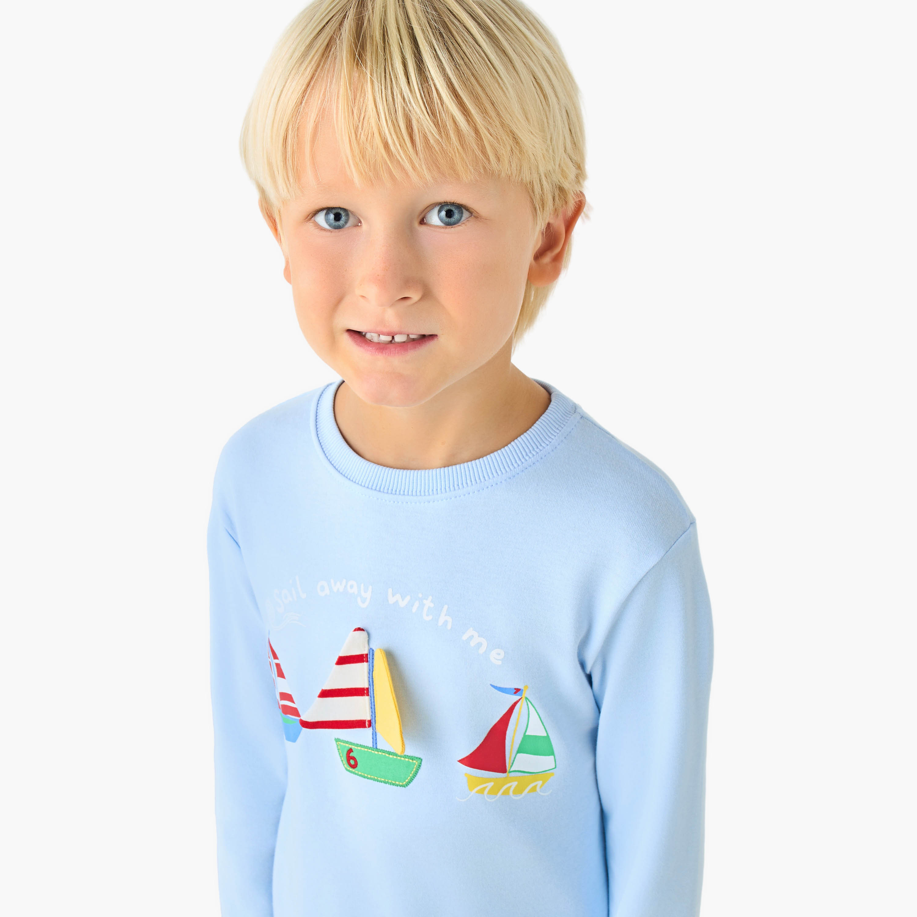 Juniors Cotton Crew Neck Long Sleeves Pyjama Set with Sailboat Print-boys-clothing-nightwear-image-5