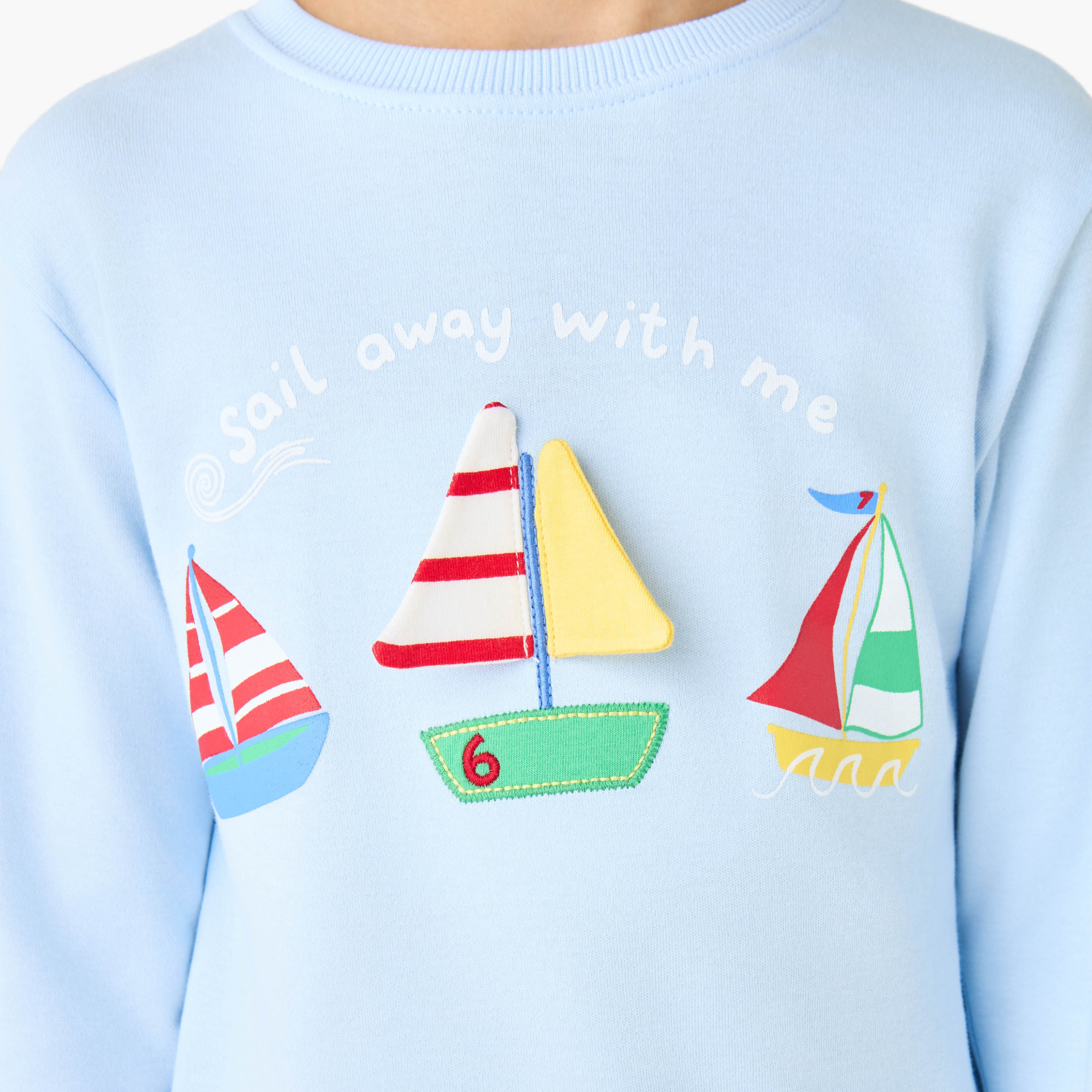Juniors Cotton Crew Neck Long Sleeves Pyjama Set with Sailboat Print-boys-clothing-nightwear-image-7