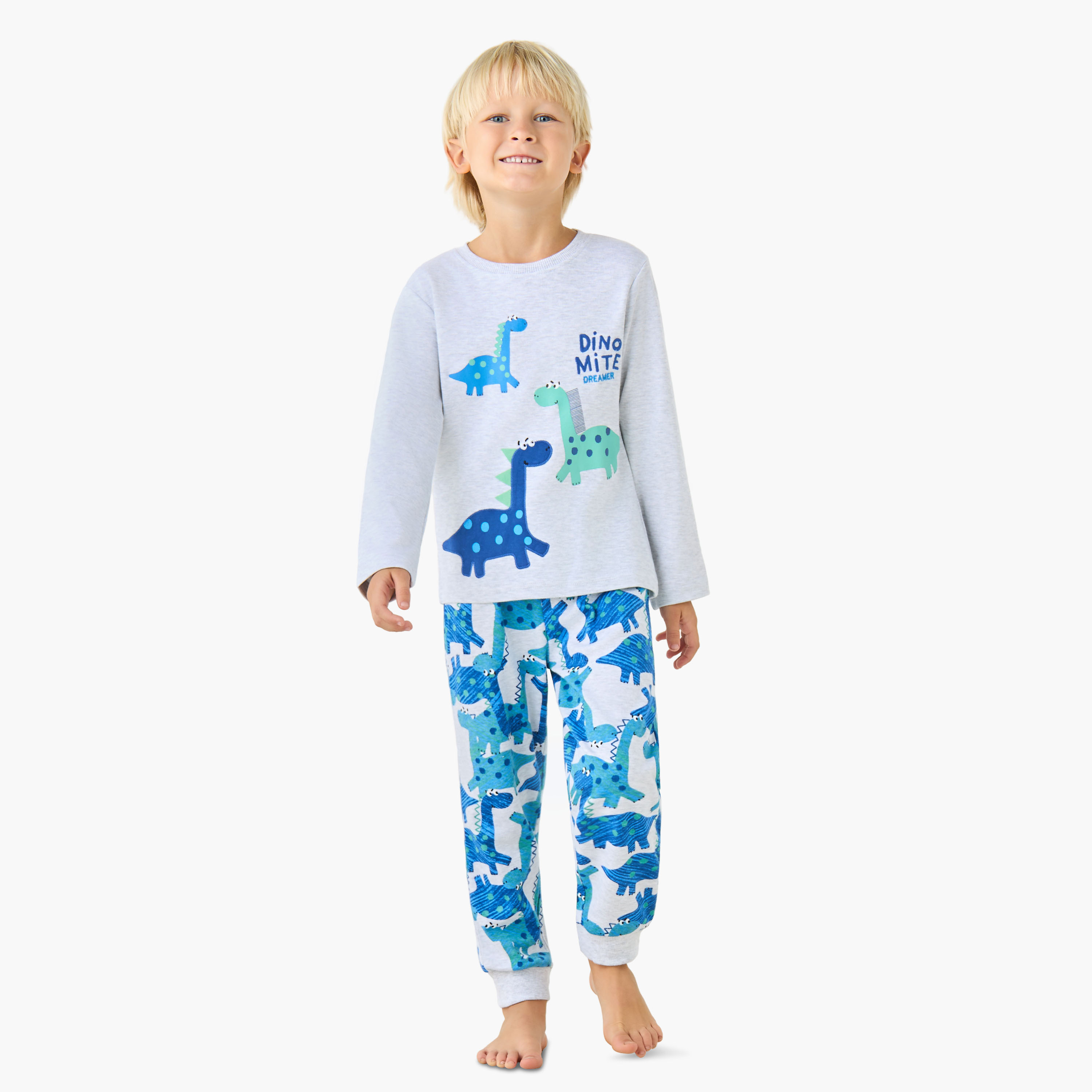 Juniors Cotton Crew Neck Long Sleeves Pyjama Set with Dinosaur Print-boys-clothing-nightwear-image-1