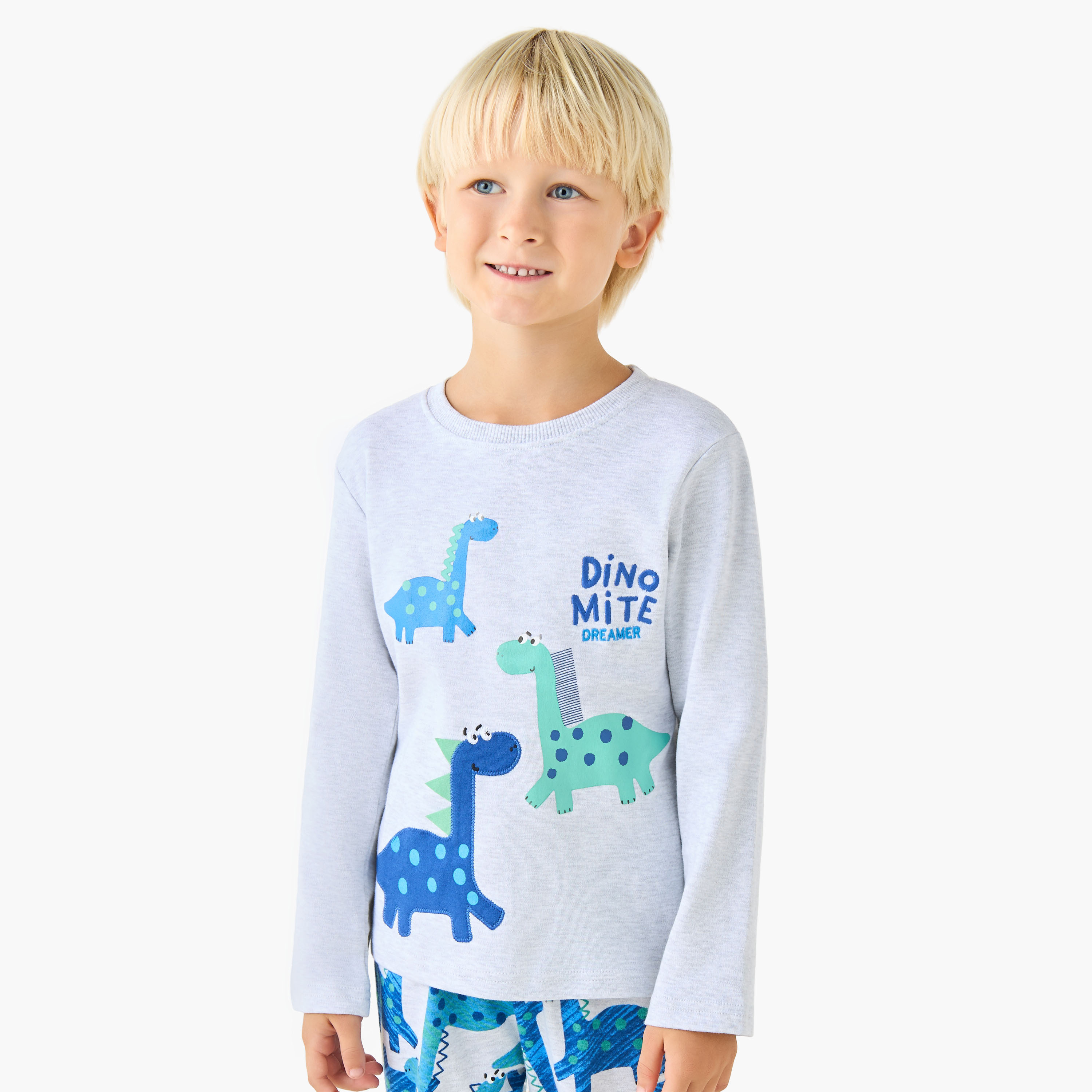 Juniors Cotton Crew Neck Long Sleeves Pyjama Set with Dinosaur Print-boys-clothing-nightwear-image-2