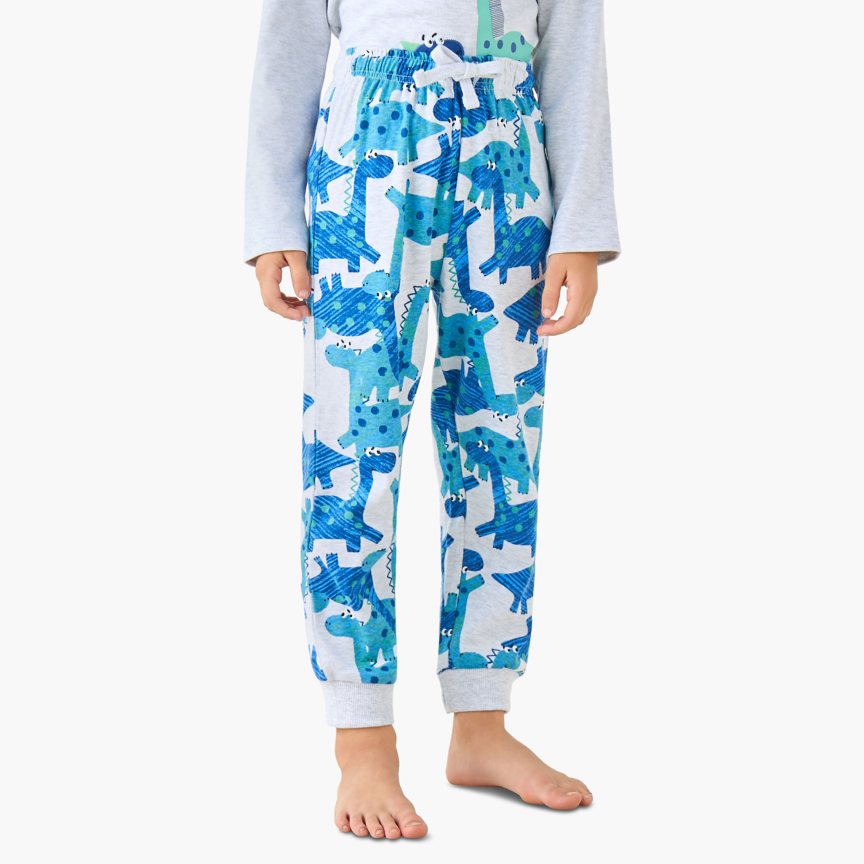 Juniors Cotton Crew Neck Long Sleeves Pyjama Set with Dinosaur Print-boys-clothing-nightwear-image-3